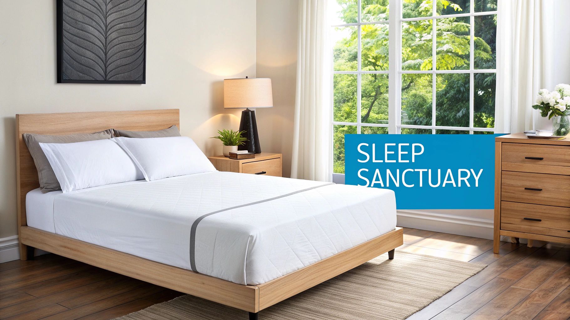 A cozy bedroom featuring a bed with white bedding, nightstands, and a bright window.