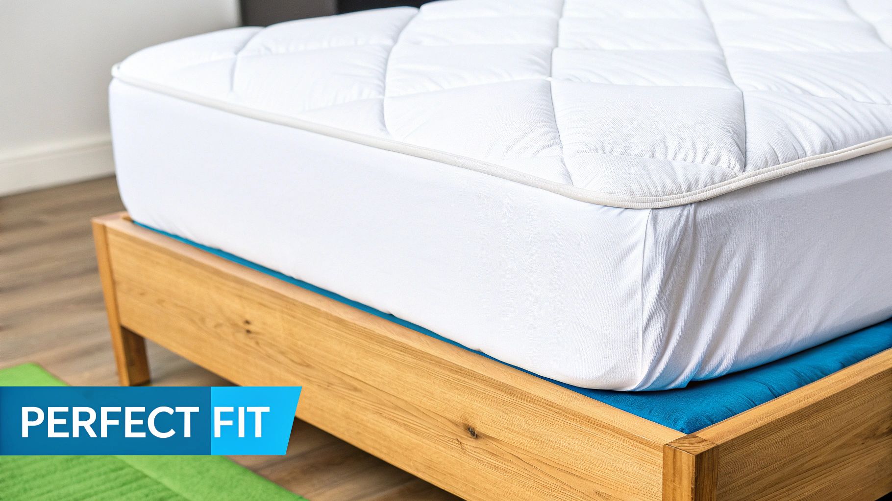 A close-up of a white quilted mattress pad perfectly fitted on a wooden bed frame.