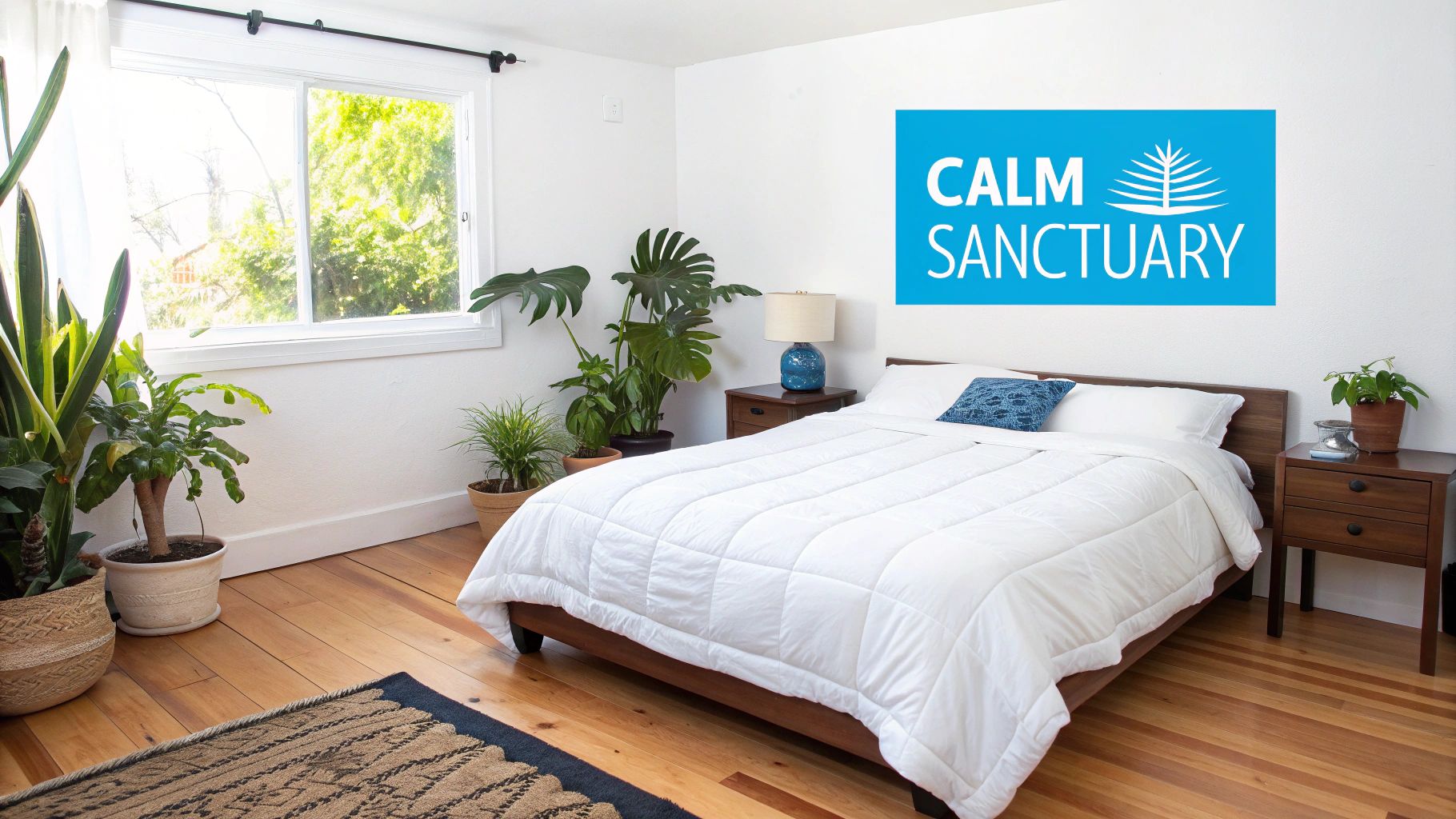 A bright bedroom featuring a white bed, green plants, and a calming "CALM SANCTUARY" sign on the wall.