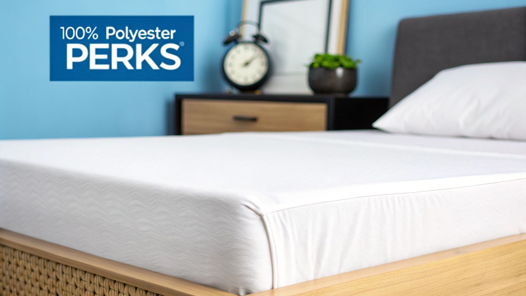 White mattress protector on a bed with a wooden frame and a white pillow, featuring a '100% Polyester PERKS' label.