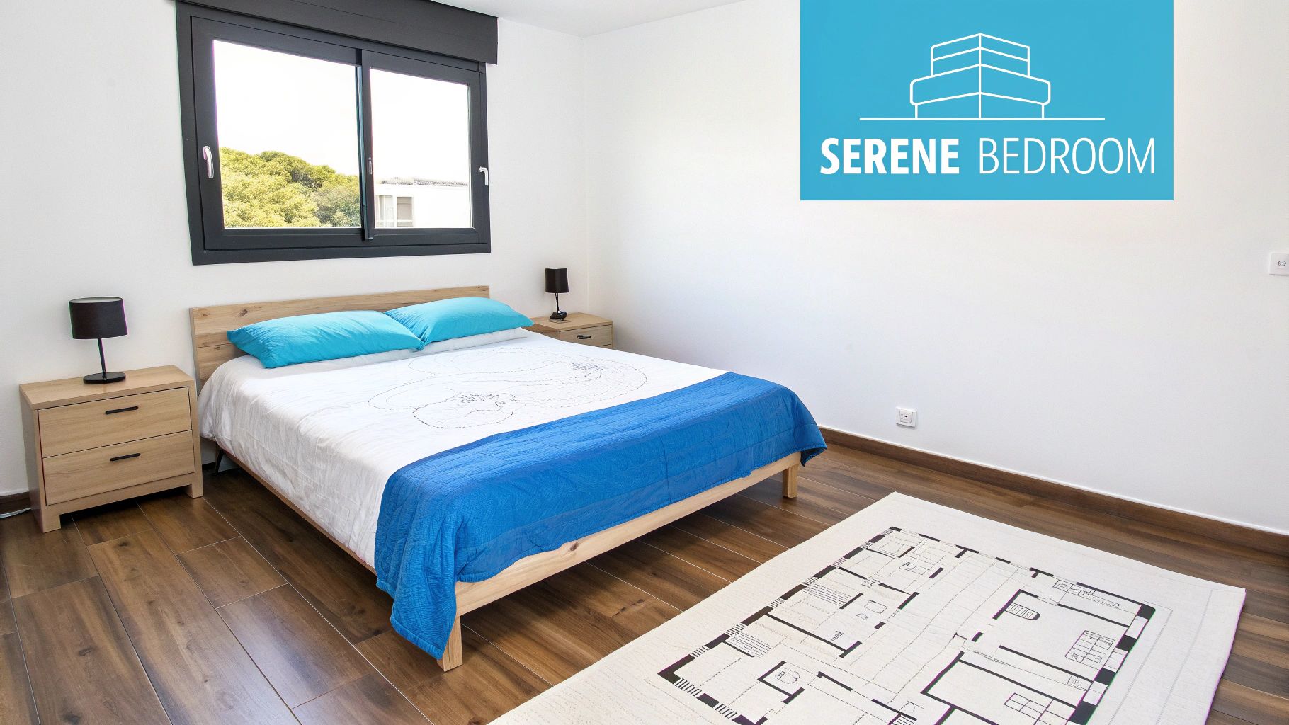 A serene bedroom featuring a bed with blue linens, wooden furniture, and a large window.