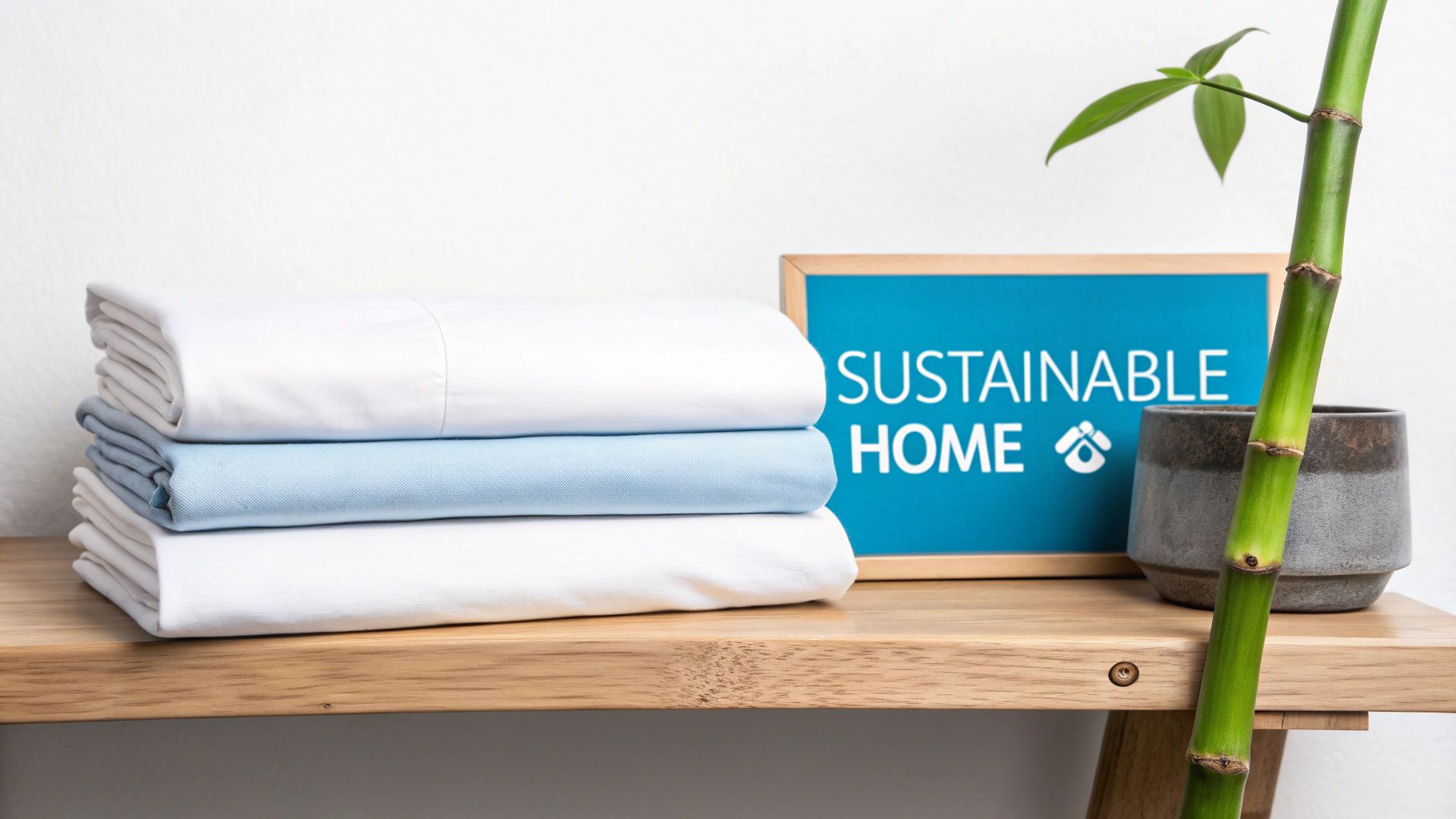 Neatly folded white and blue bed sheets on a wooden shelf, with a 'Sustainable Home' sign and bamboo.