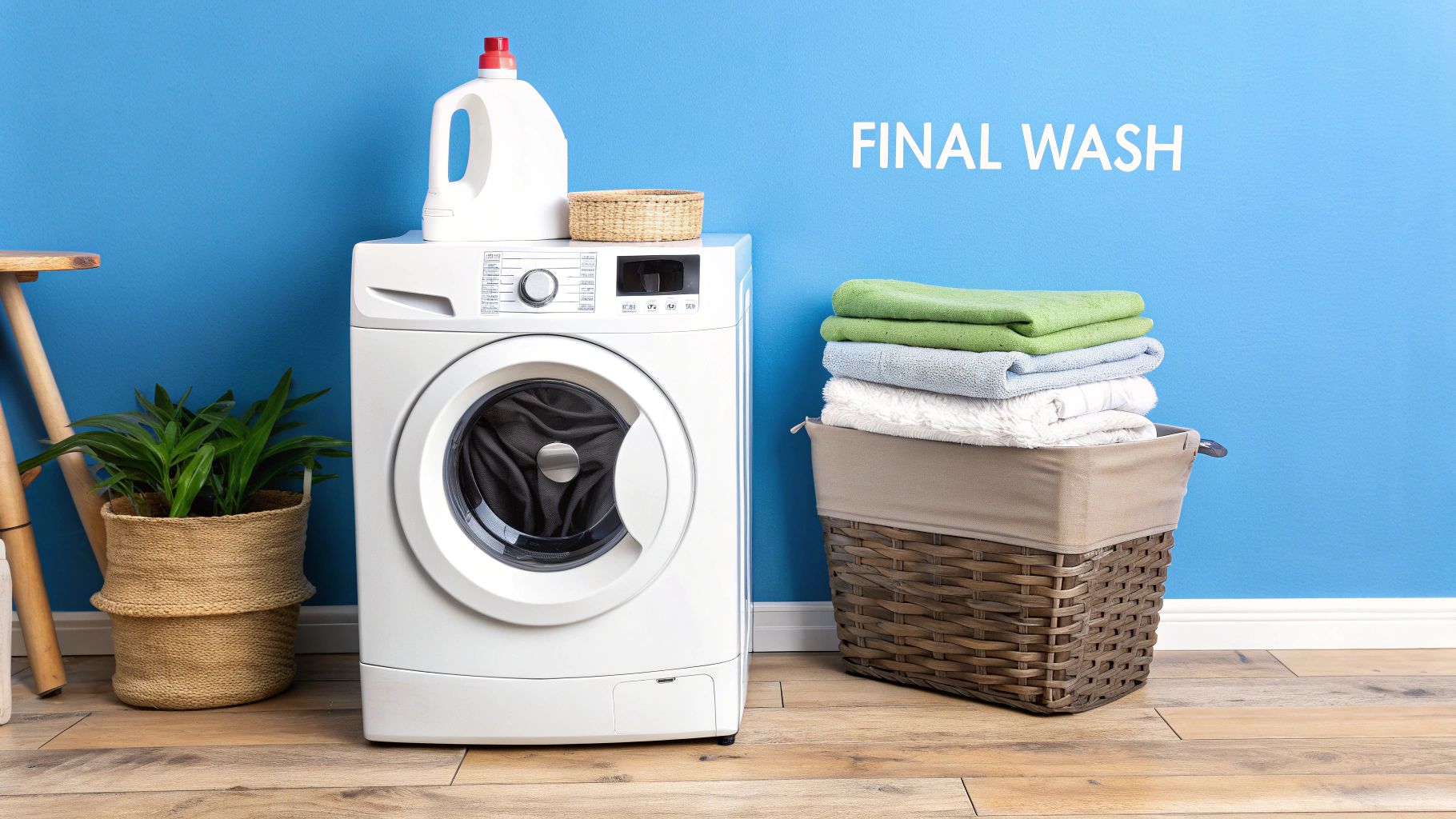 A laundry room with a white washing machine, detergent, and a basket of fresh, folded towels.