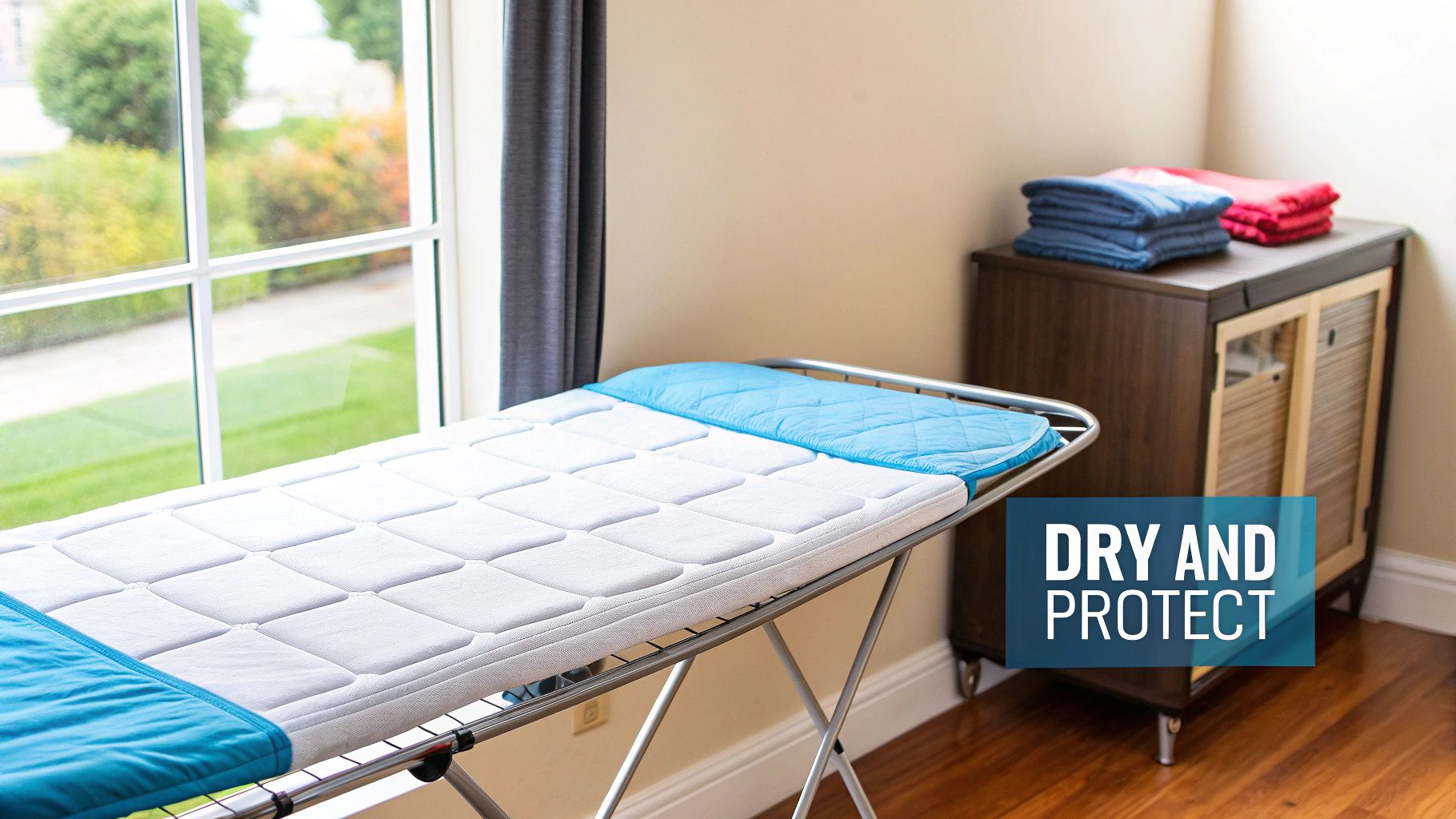A white mattress topper with a blue pad drying on a rack indoors, promoting protection and dryness.
