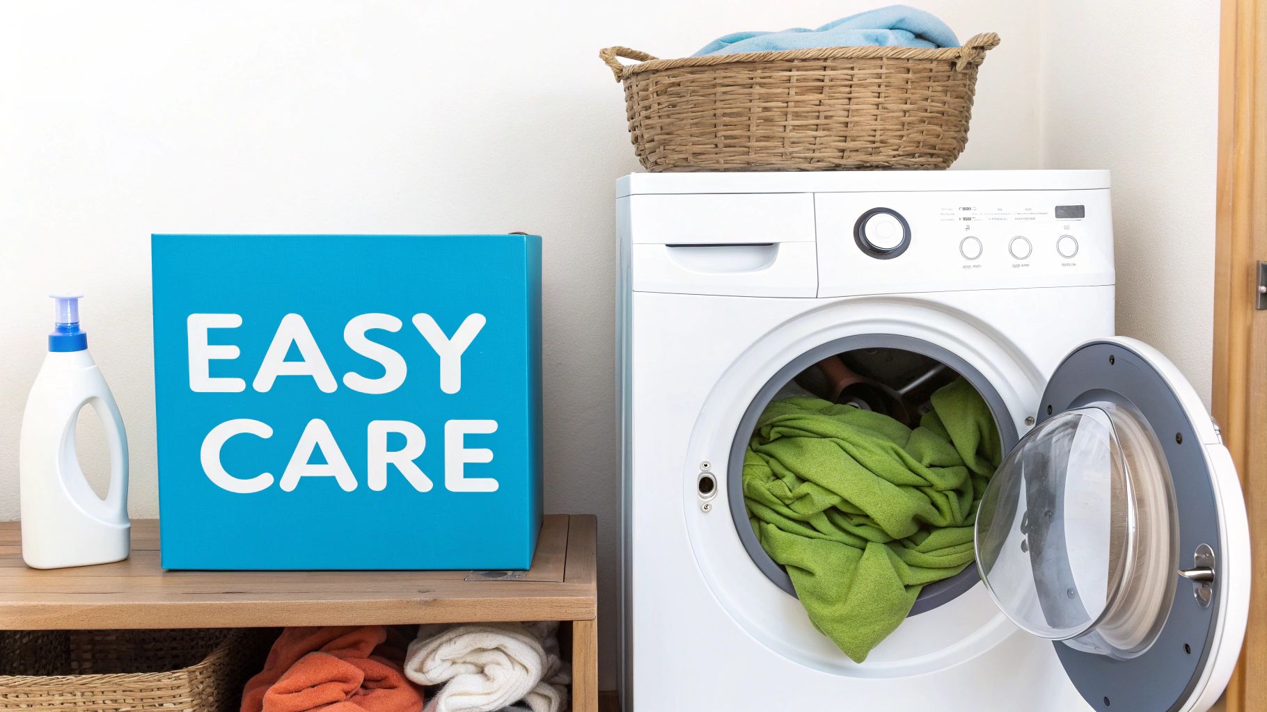 White washing machine with green laundry, an 'EASY CARE' box, and laundry detergent.