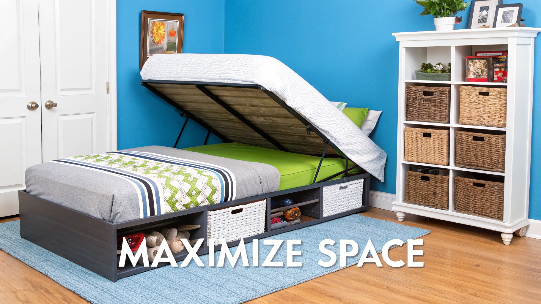 A bed with under-bed storage and a lift-up mattress in a blue room with a white shelving unit.