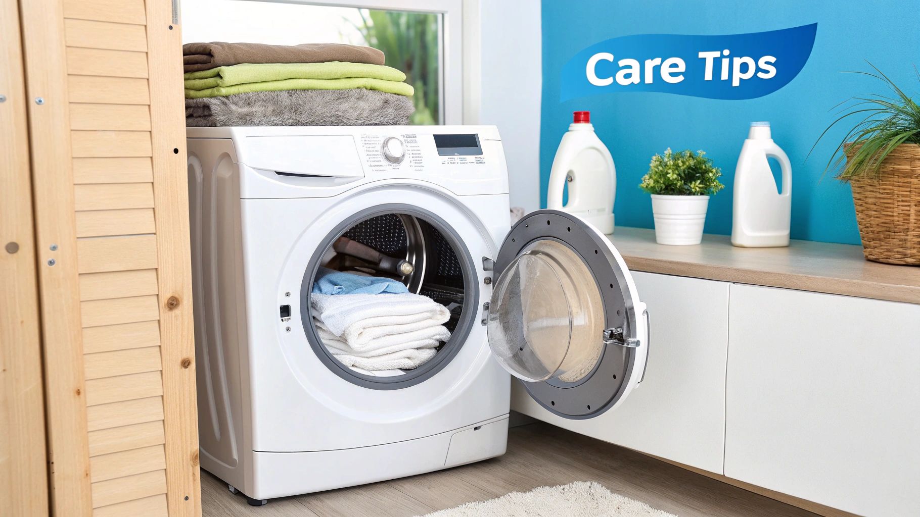 Front-load washing machine with open door and laundry inside, stacked towels, and cleaning supplies in a laundry room.