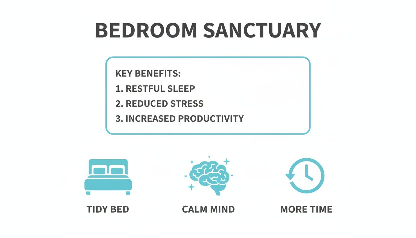 Infographic showing key benefits of a bedroom sanctuary: restful sleep, reduced stress, and increased productivity.