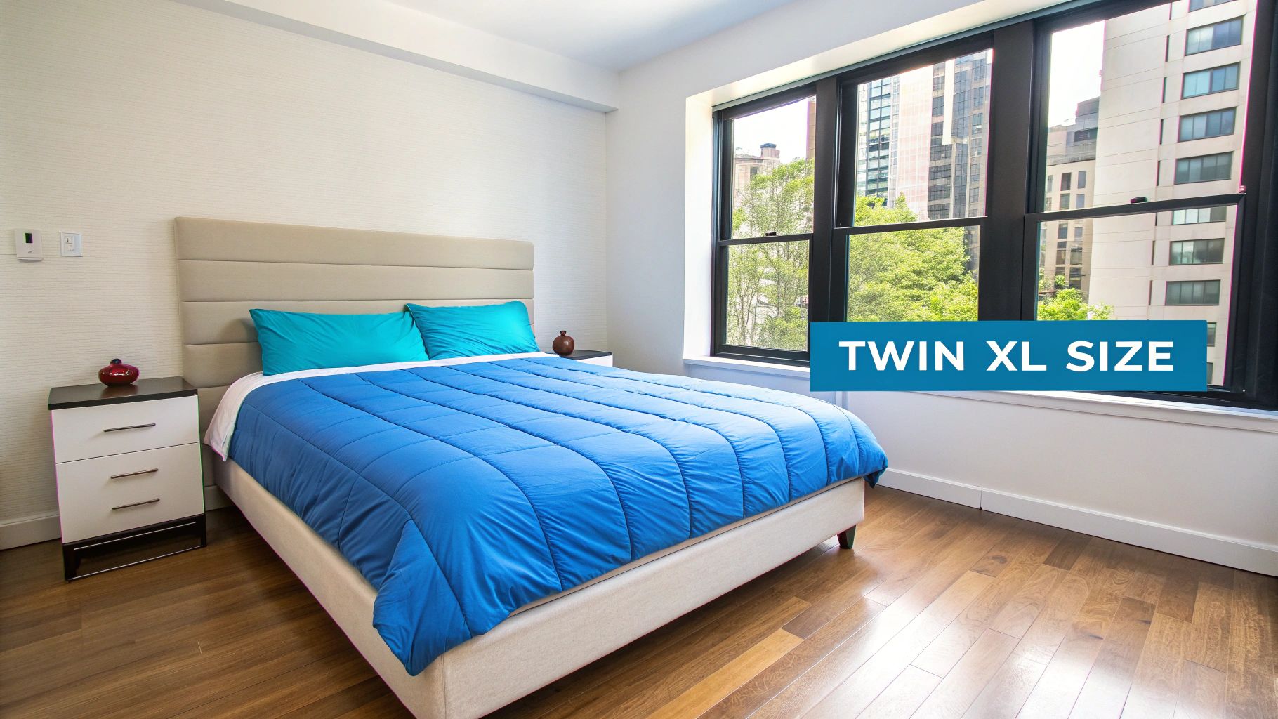 A bright bedroom featuring a twin XL bed with a blue comforter and turquoise pillows, and a large window.