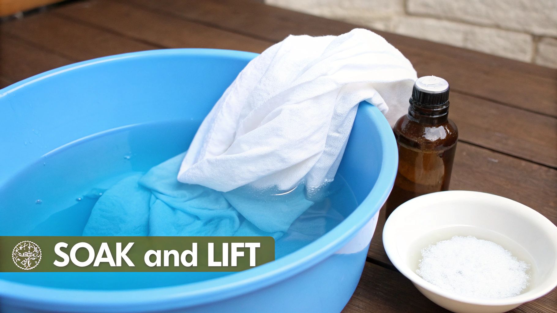White and blue cloths soaking in a basin of water with cleaning solution and a bottle nearby.