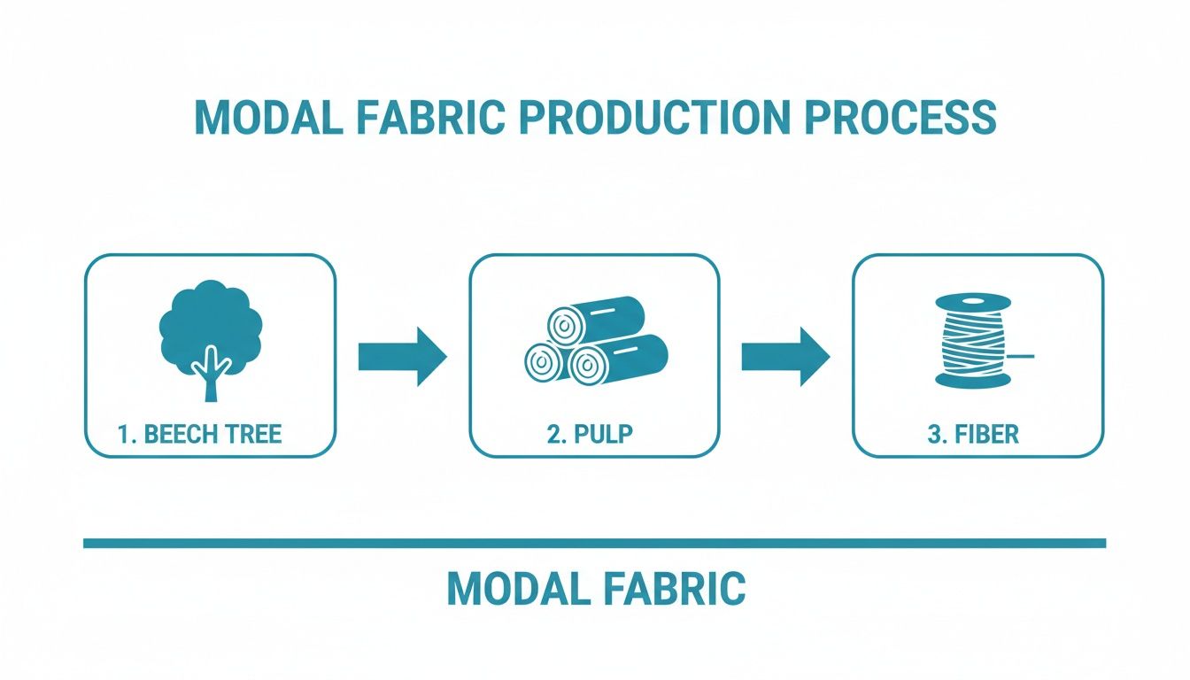 Infographic detailing the modal fabric production process from beech tree to fiber.