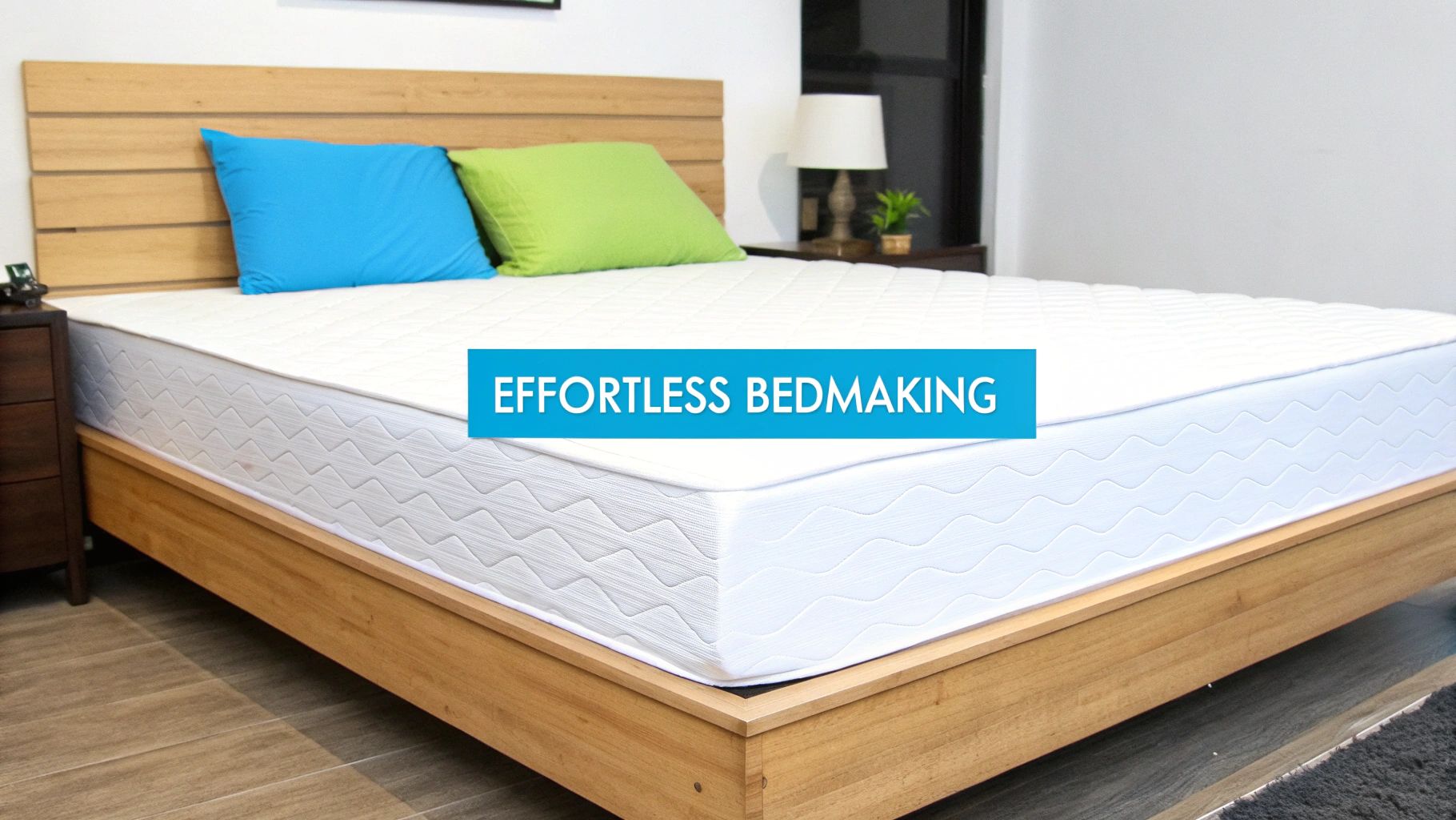 A comfortable bed with a white mattress, wooden frame, and colorful pillows, featuring an 'EFFORTLESS BEDMAKING' banner.