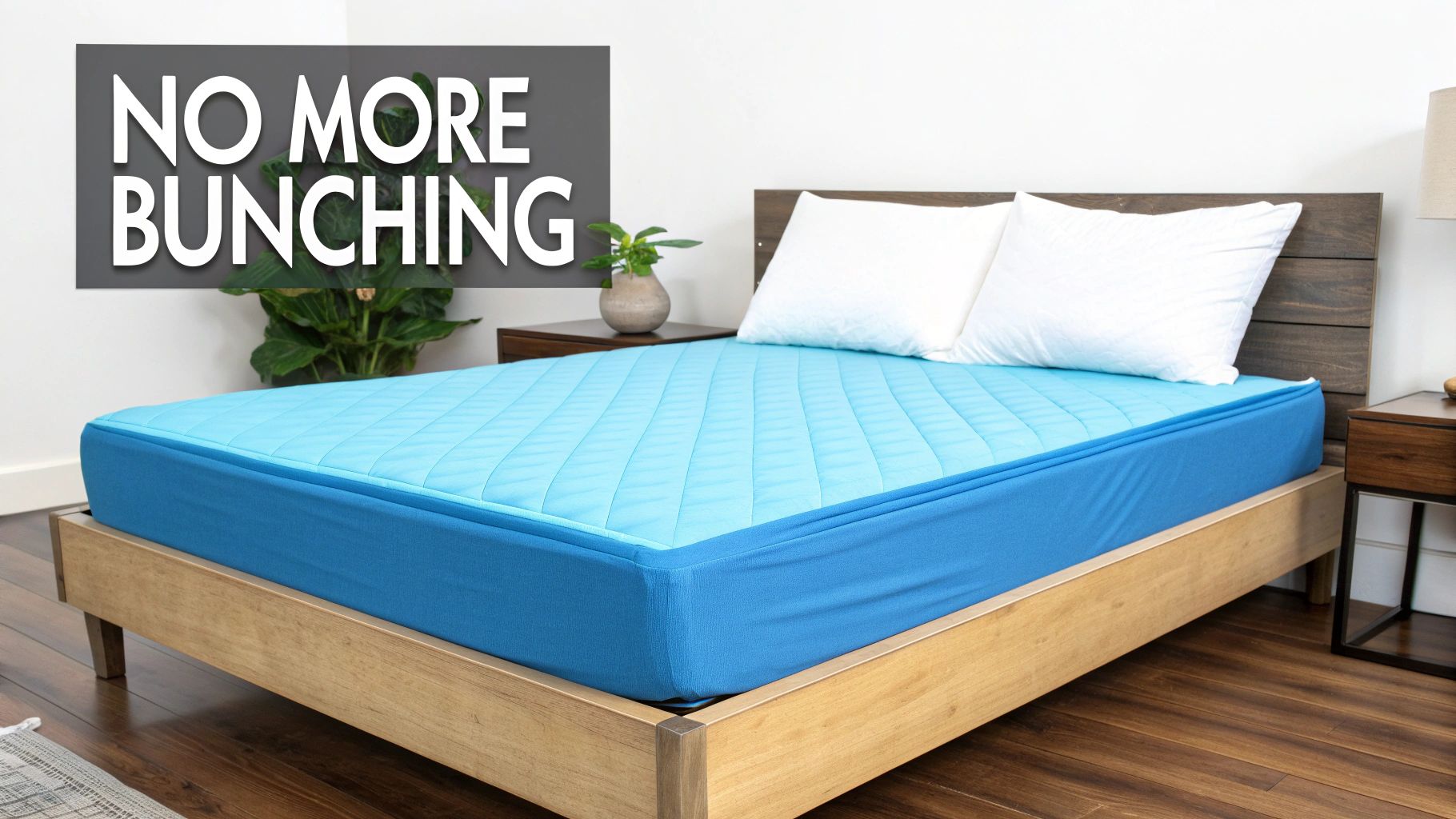 A bed with a light blue quilted mattress topper and a dark blue fitted sheet, designed to prevent bunching.