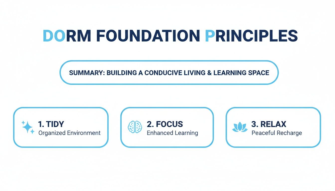 Infographic showing three dorm foundation principles: Tidy, Focus, and Relax, for a conducive living and learning space.