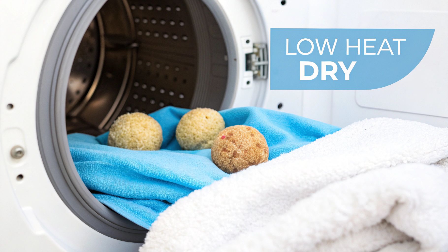 Dryer balls and laundry inside a washing machine, with a banner reading 'LOW HEAT DRY'.