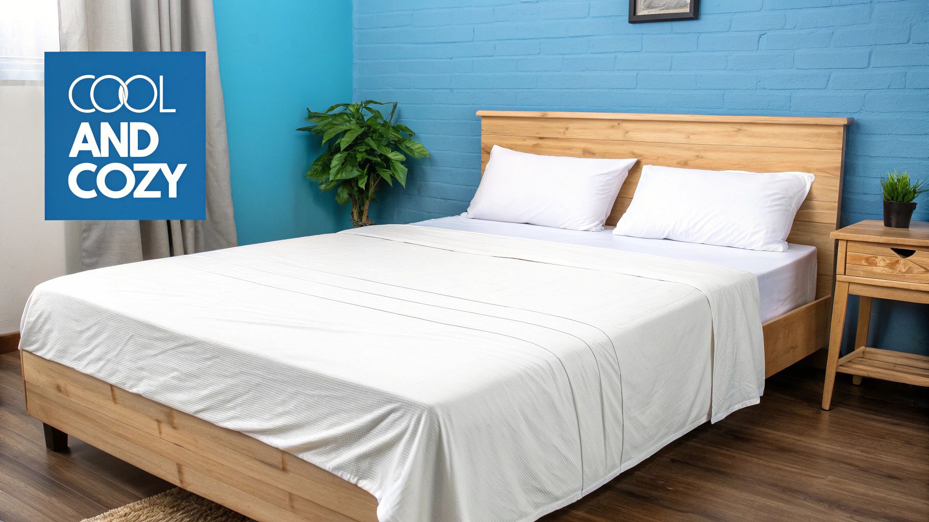 A serene bedroom features a wooden bed with crisp white bamboo bed sheets and pillows.