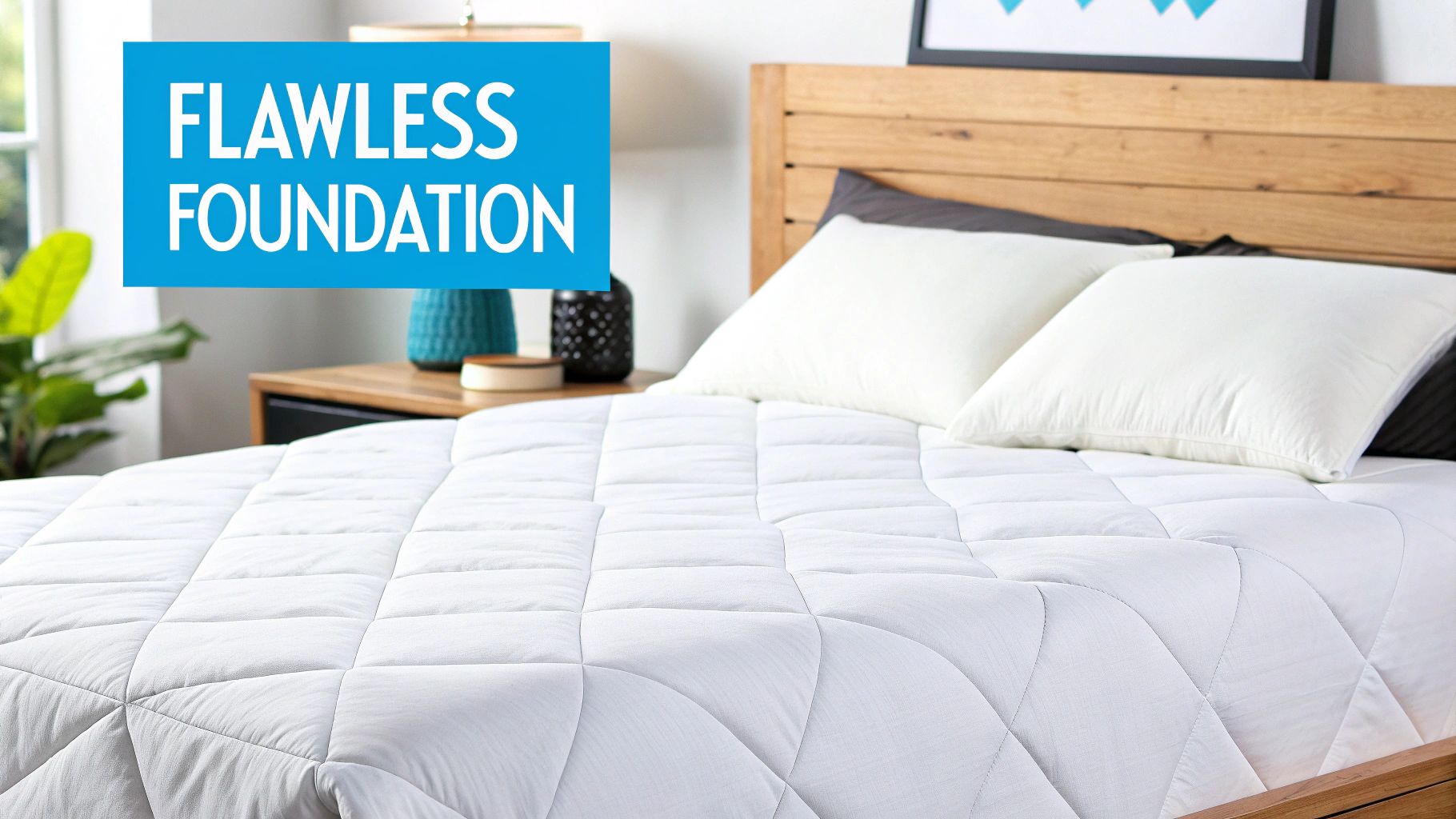 A neatly made bed features a white quilted mattress pad, two soft white pillows, and a wooden headboard.