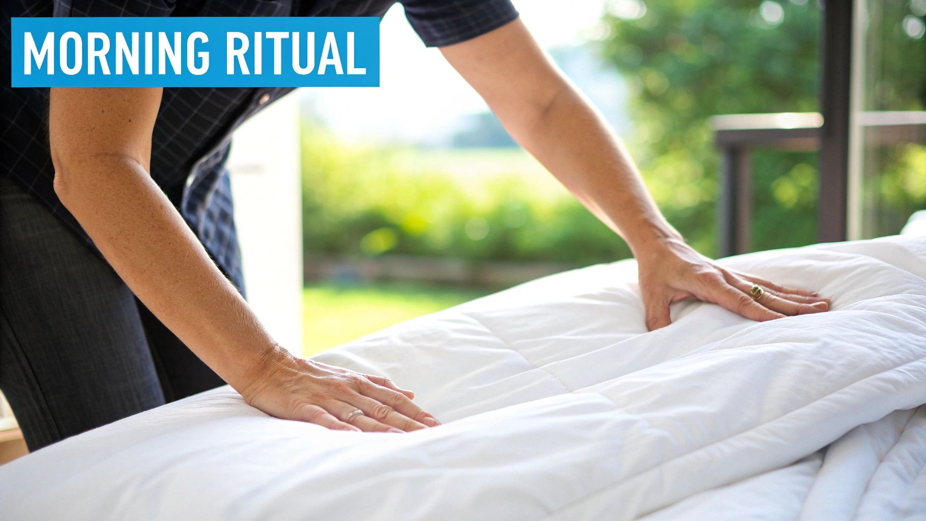 A person's hands smoothing a white duvet, making their bed in a bright room with a green outdoor view.
