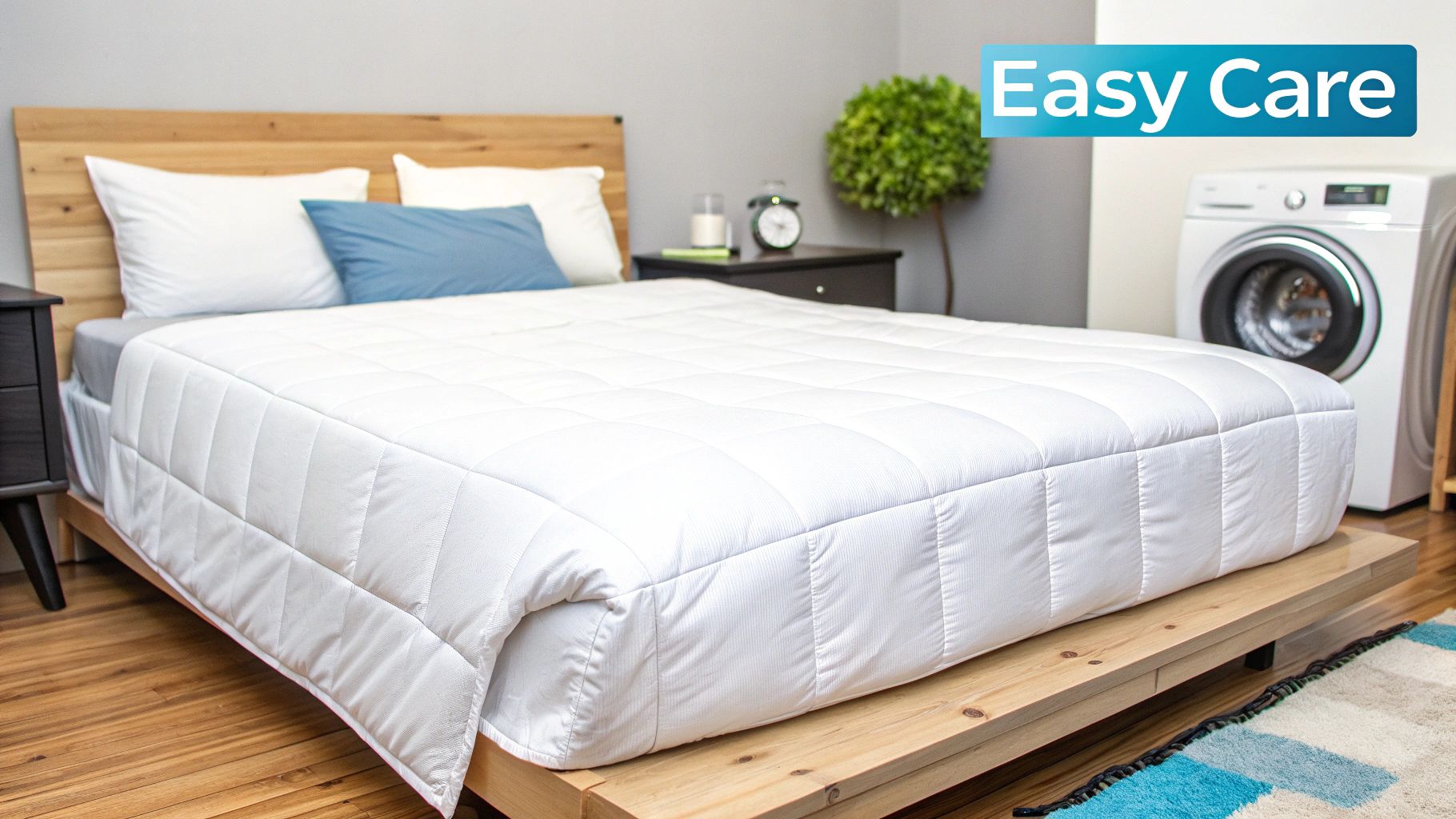 A bedroom features a bed with white quilted bedding, suggesting easy care, with a washing machine nearby.