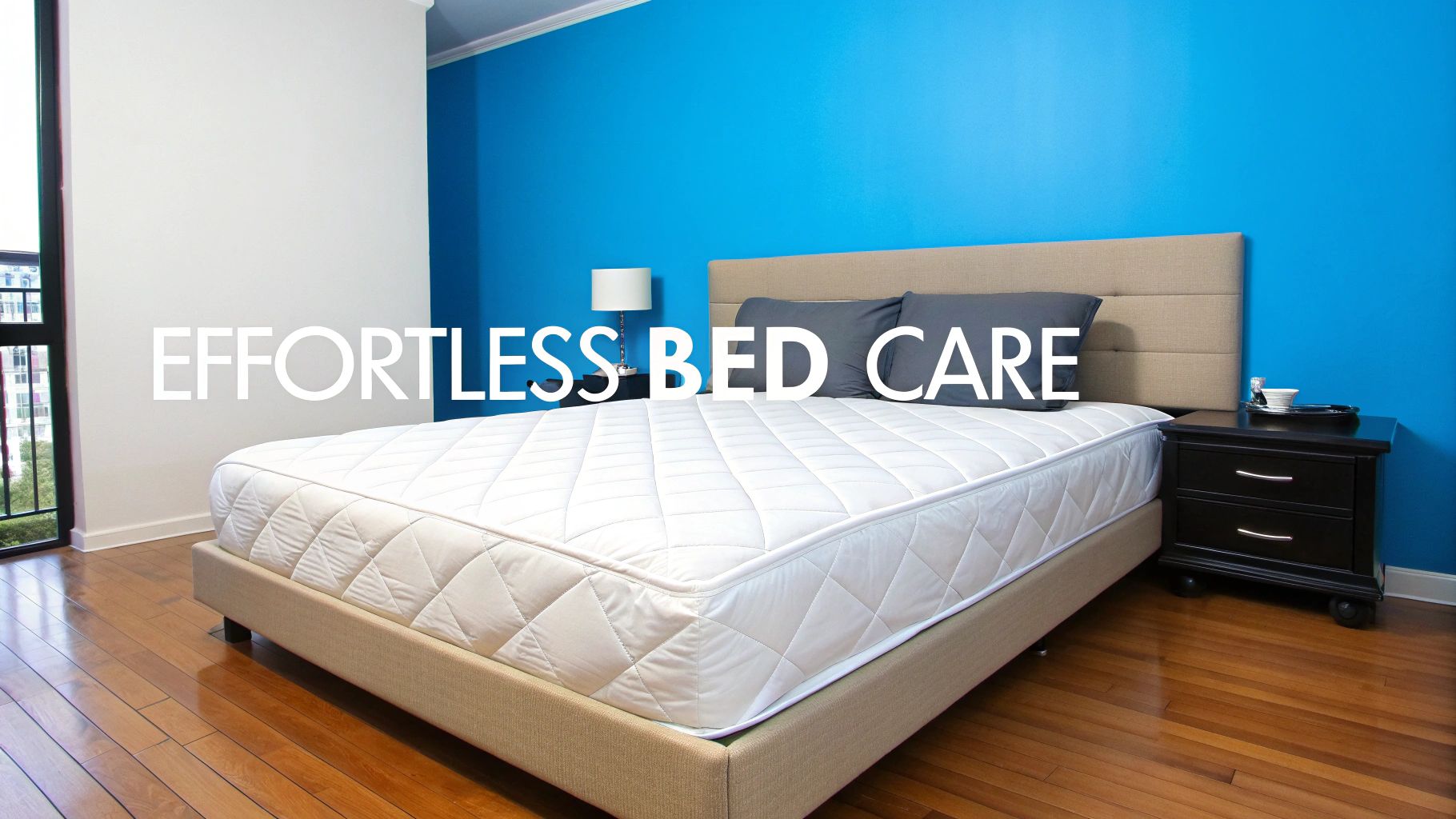 A bright bedroom with a bed, white quilted mattress, and blue accent wall, featuring 'EFFORTLESS BED CARE' text.