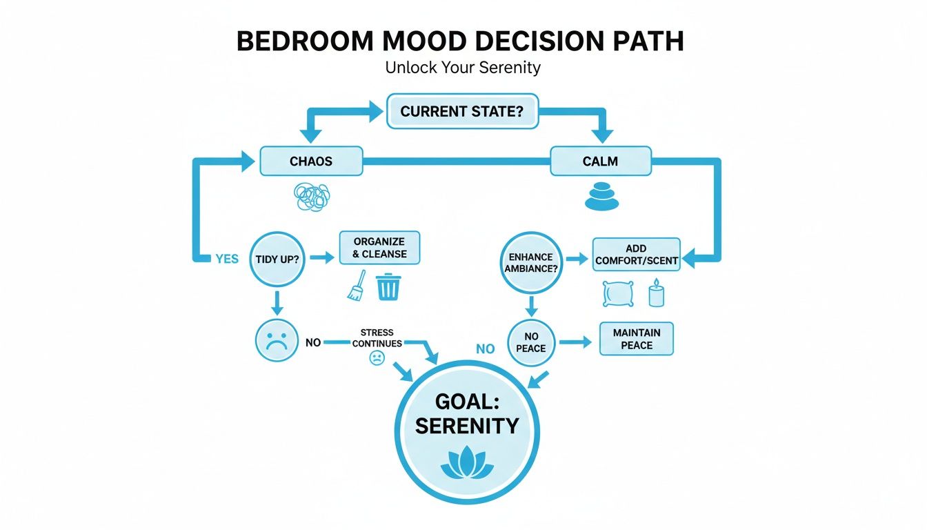 Flowchart illustrating a bedroom mood decision path to achieve serenity through tidying or enhancing ambiance.