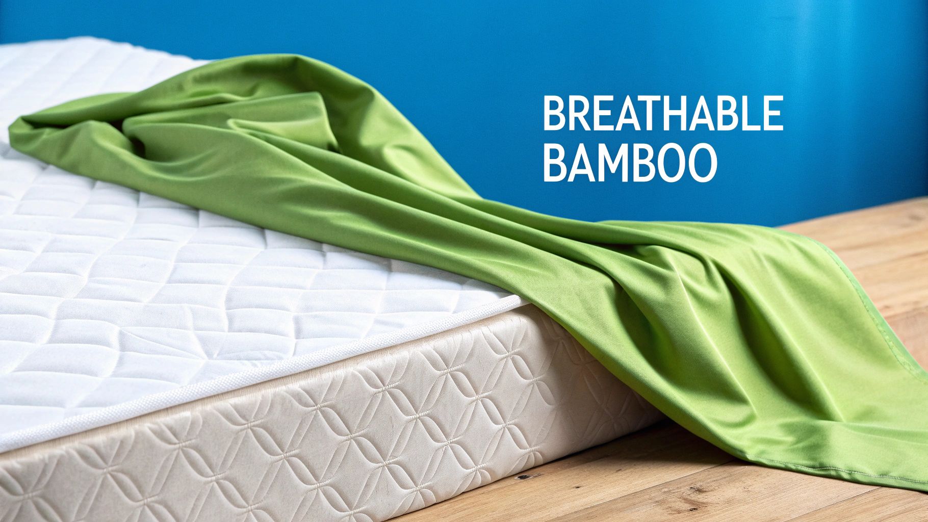 White quilted mattress with a soft green 'BREATHABLE BAMBOO' fabric draped over it, against a blue wall.