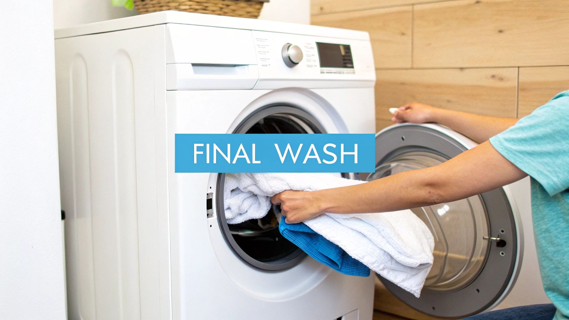 A person loading white and blue towels into a modern front-loading washing machine for the final wash.