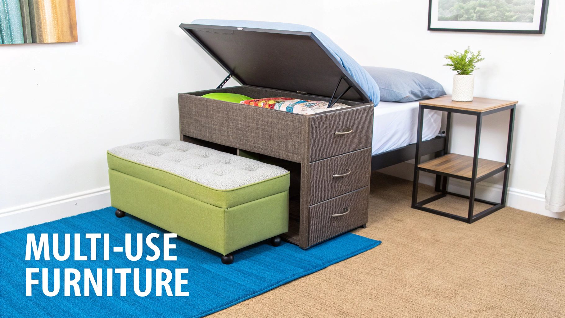 A compact bedroom displays a bed, a multi-use storage unit with drawers, and a tuck-away ottoman.