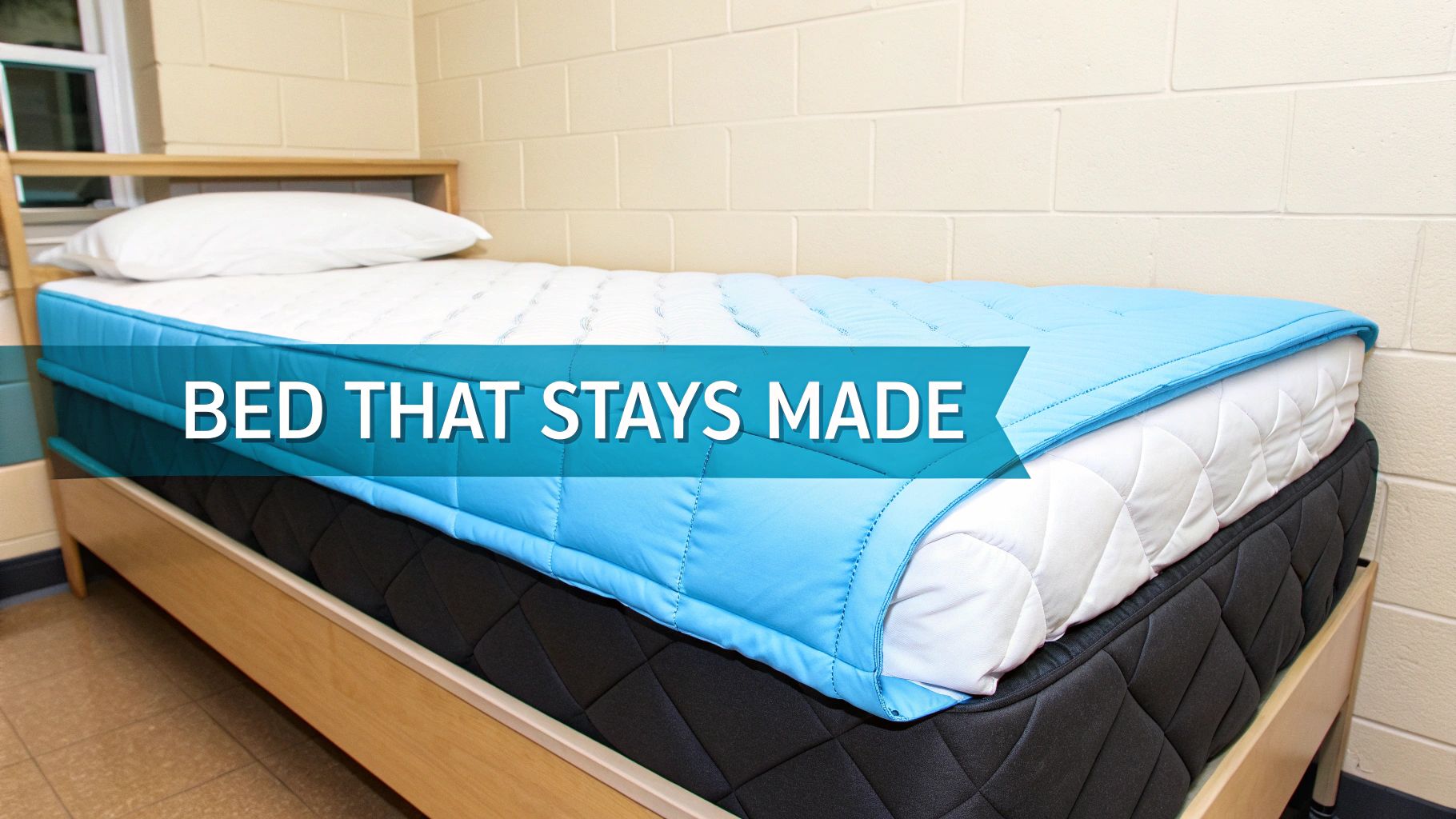 A dorm bed with a white pillow, mattress, and an innovative light blue quilted cover designed to stay made.