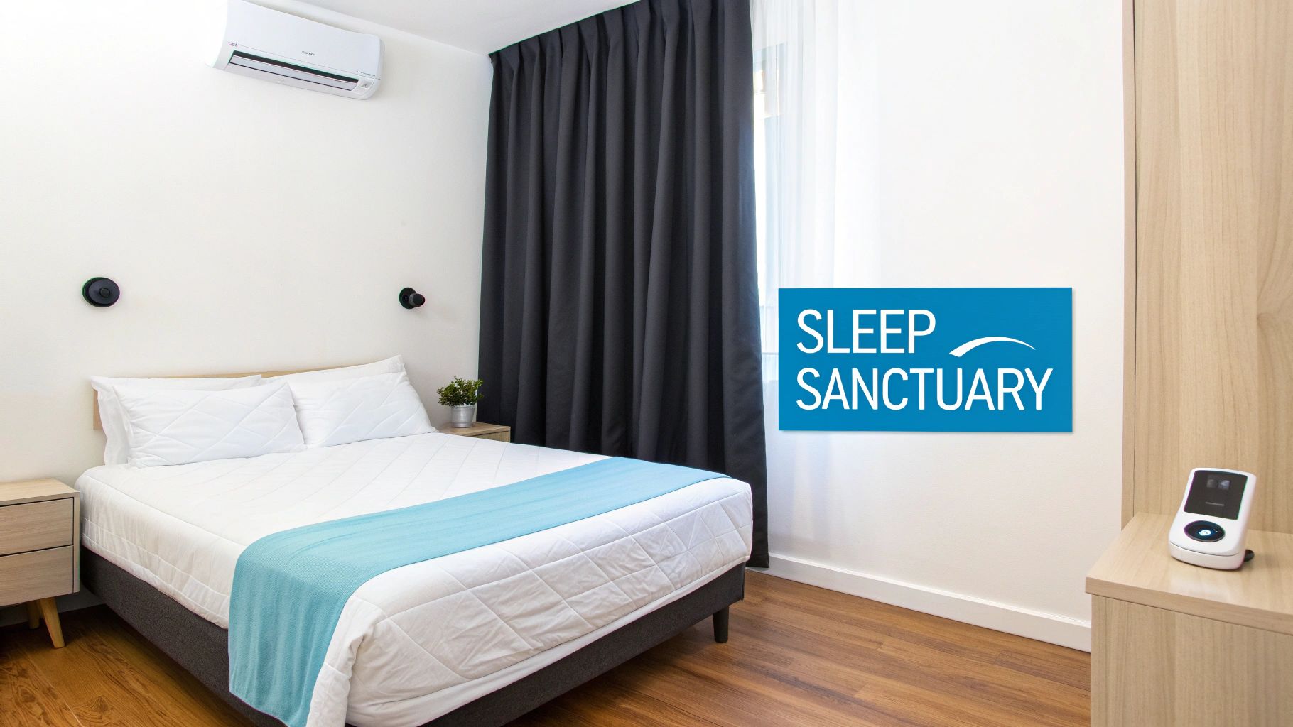 A clean and modern bedroom with a white bed, dark curtains, and a 'Sleep Sanctuary' sign.