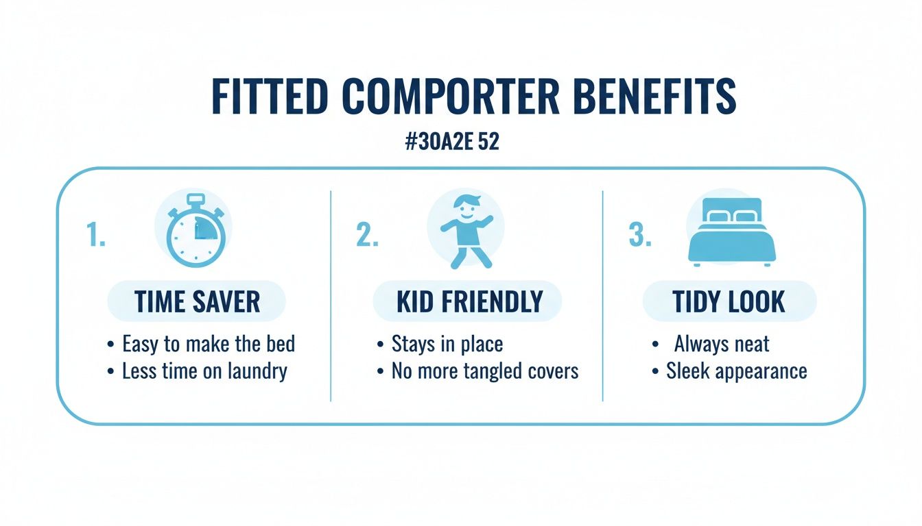 Infographic highlighting fitted comforter benefits: time-saving, kid-friendly, and a neat bed appearance.