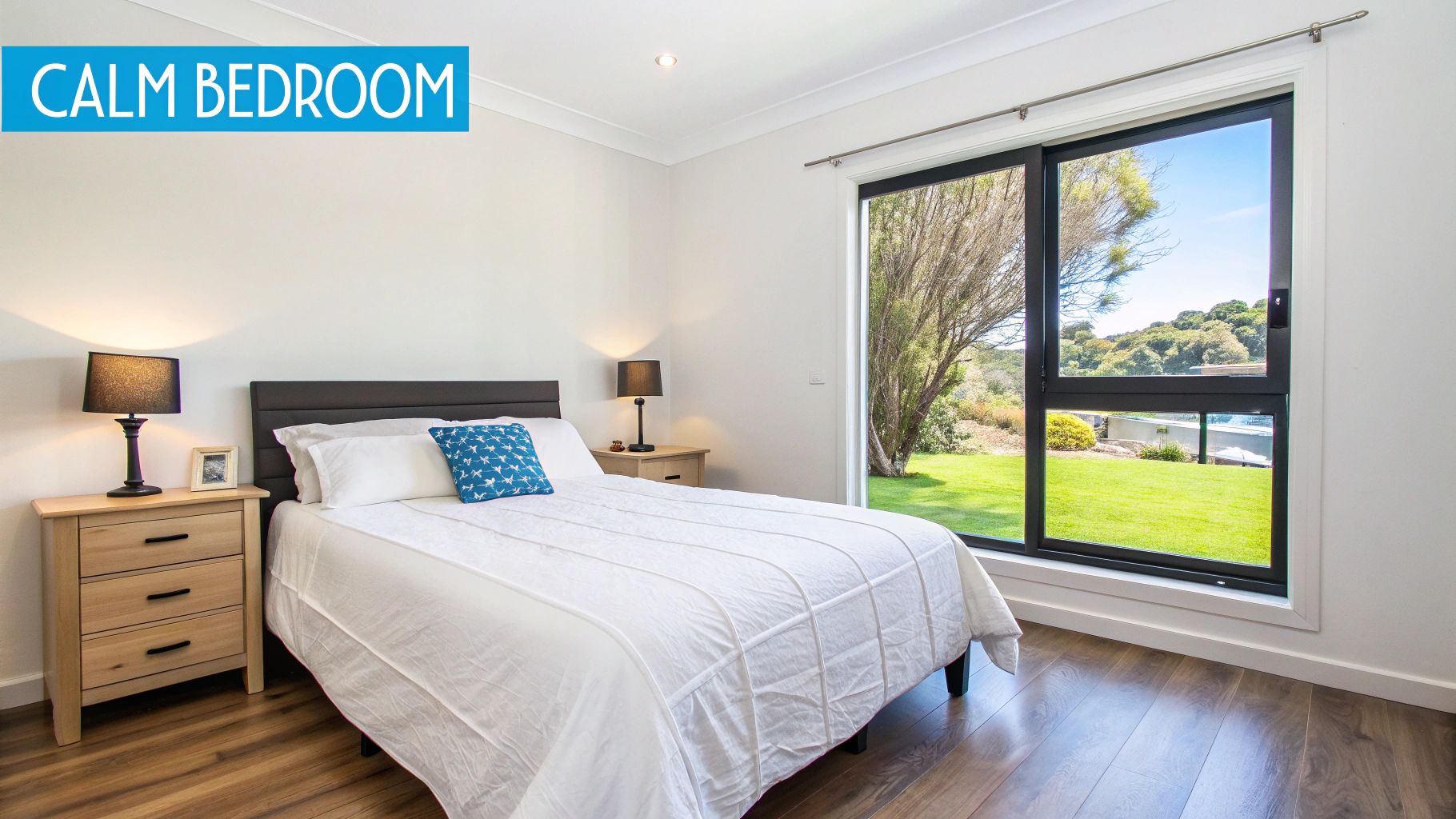 Bright bedroom with a white bed, wooden nightstands, and a large window facing a lush green garden.