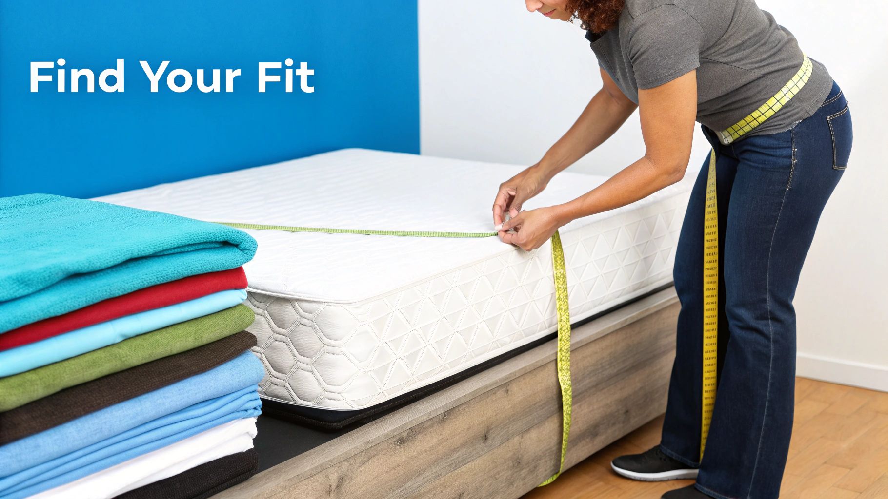 A person measures a white mattress with a yellow tape, next to a stack of colorful bedding.