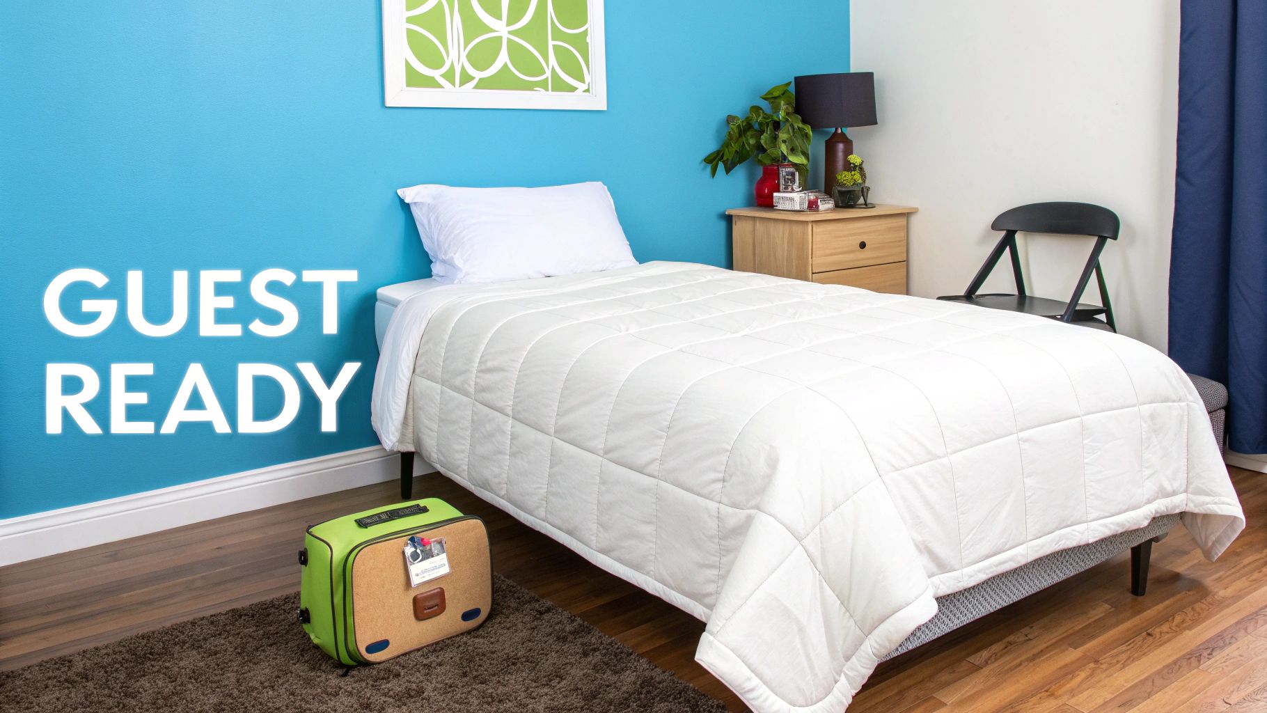 A welcoming guest bedroom featuring a neatly made bed with a white lightweight comforter.