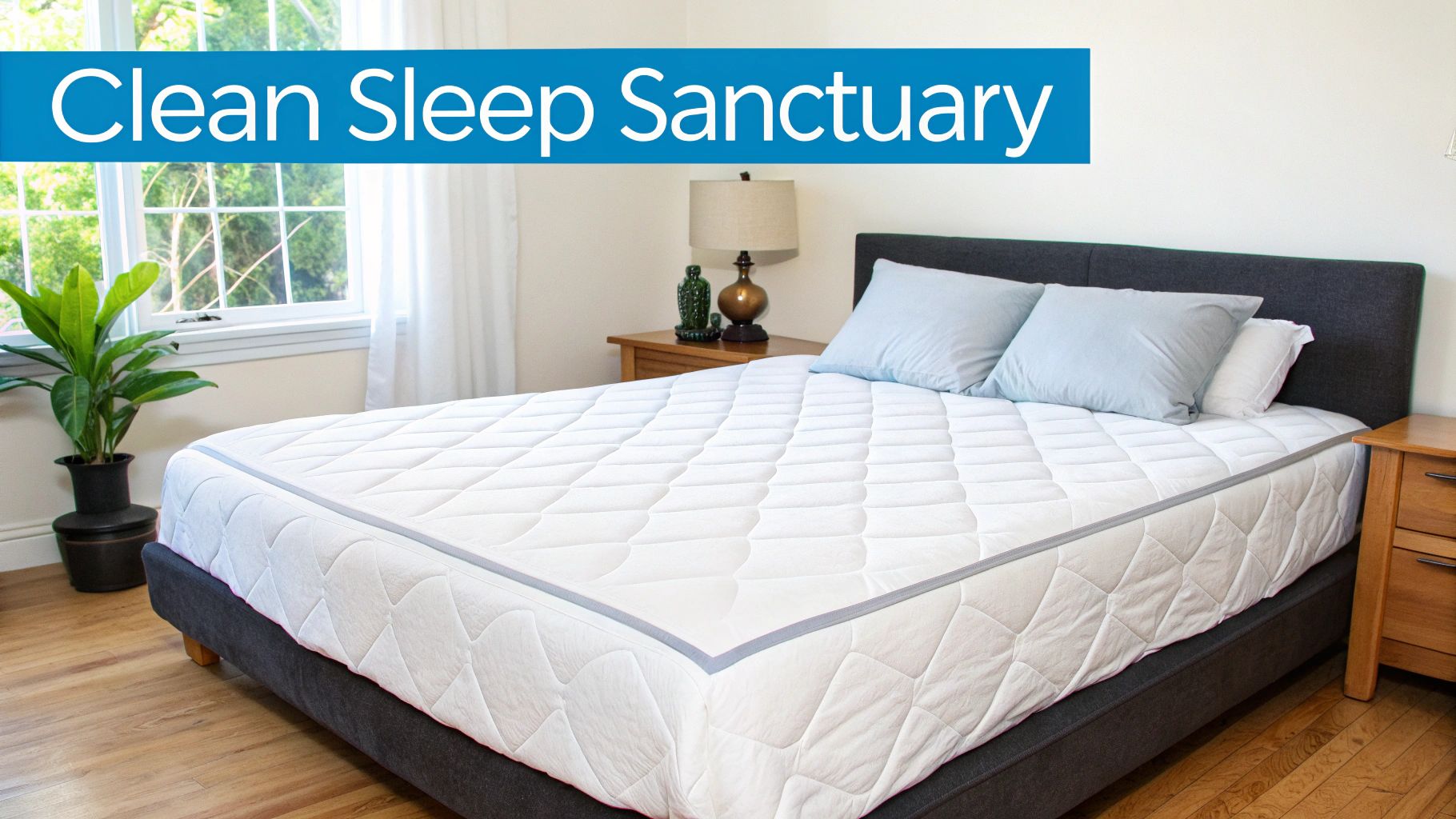 A clean, bright bedroom with a white quilted mattress, light blue pillows, and a dark bed frame.