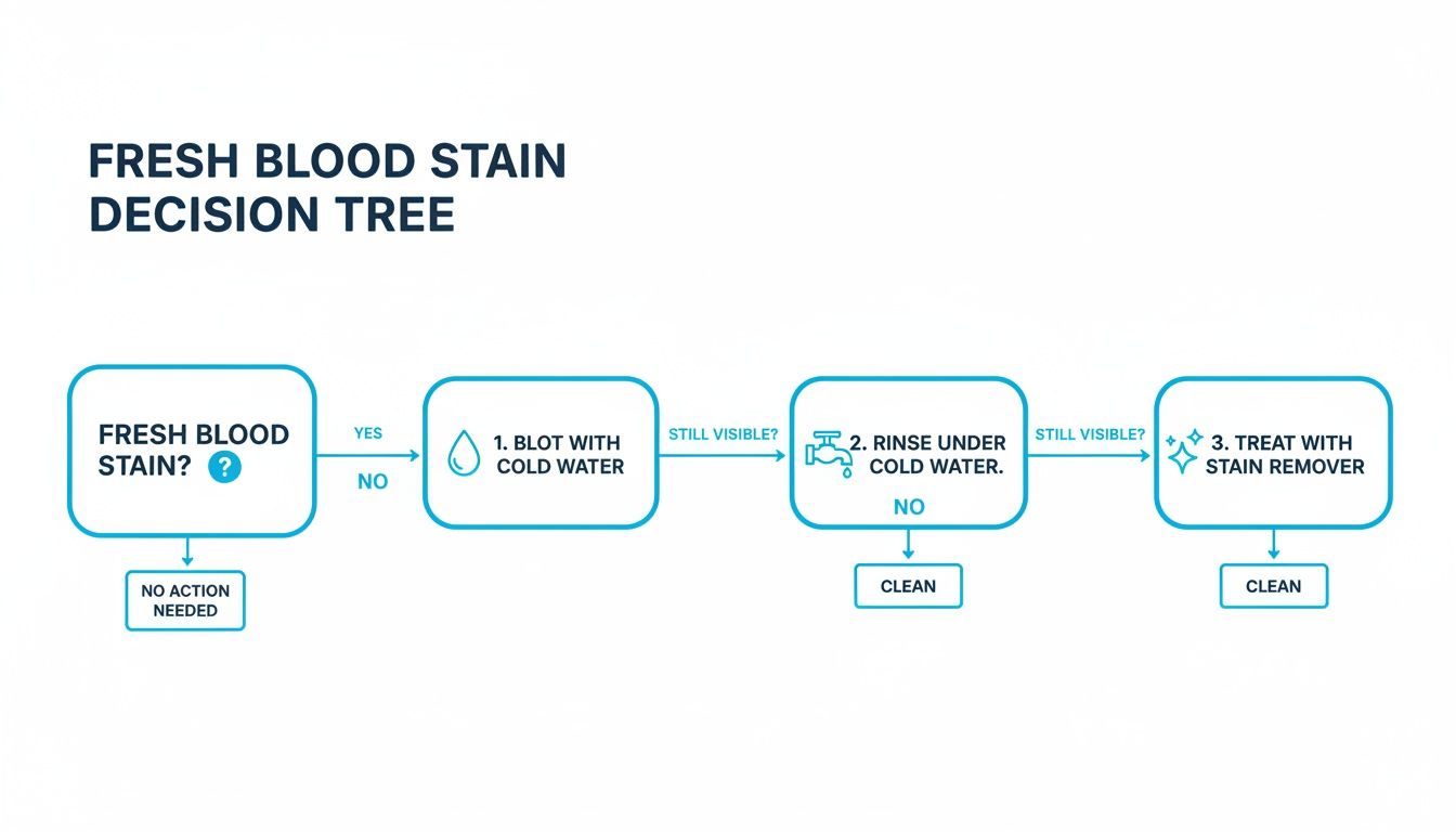 Flowchart illustrating steps to remove fresh blood stains: blot with cold water, rinse, and apply stain remover.