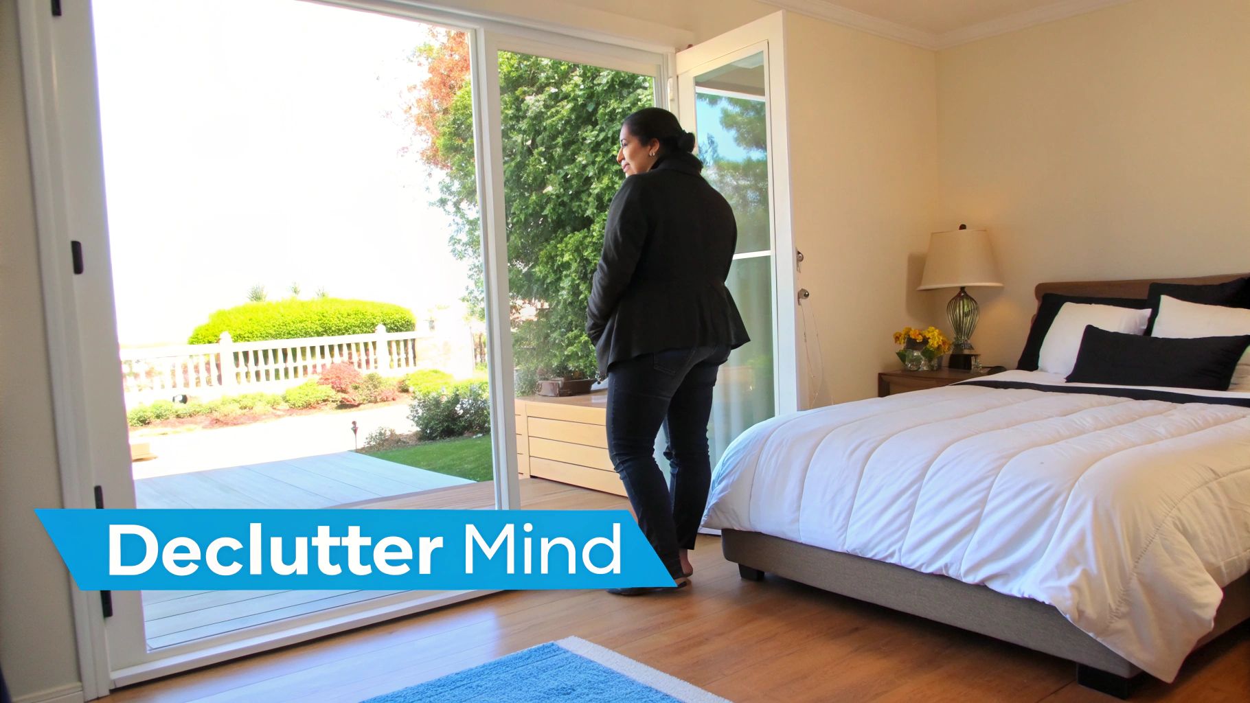 A woman stands in a light-filled bedroom looking out at a lush garden, promoting a "Declutter Mind" theme.