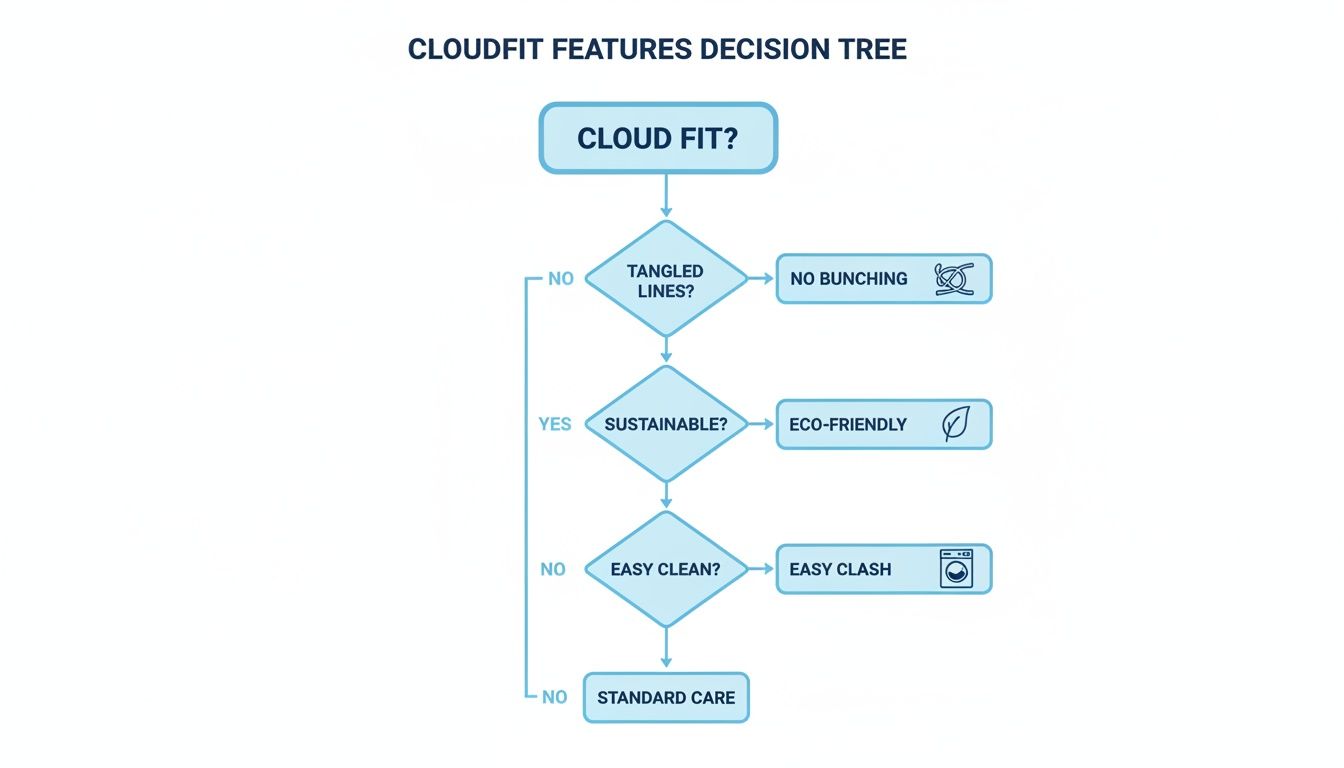 Decision tree detailing Cloudfit features: tangled lines, sustainability, easy clean, leading to no bunching and eco-friendly options.