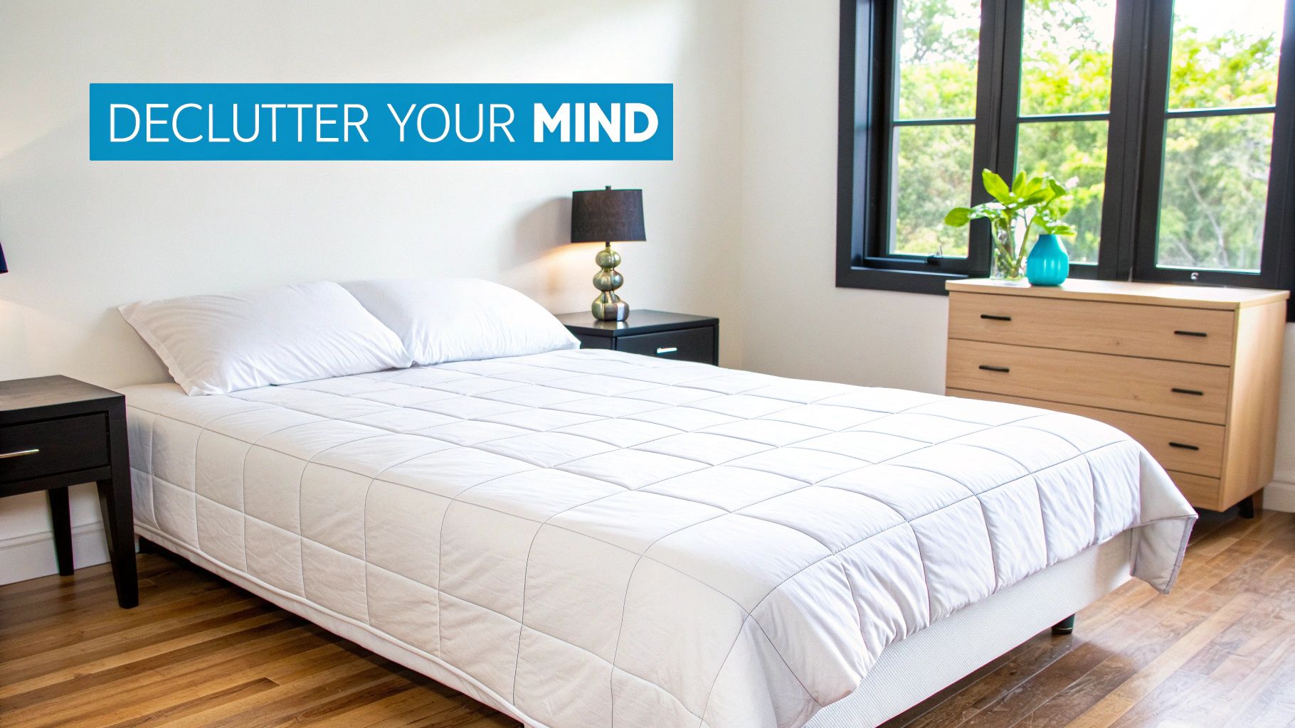 A clean, modern bedroom with a white bed, dark nightstands, and a wooden dresser, featuring the text 'DECLUTTER YOUR MIND'.