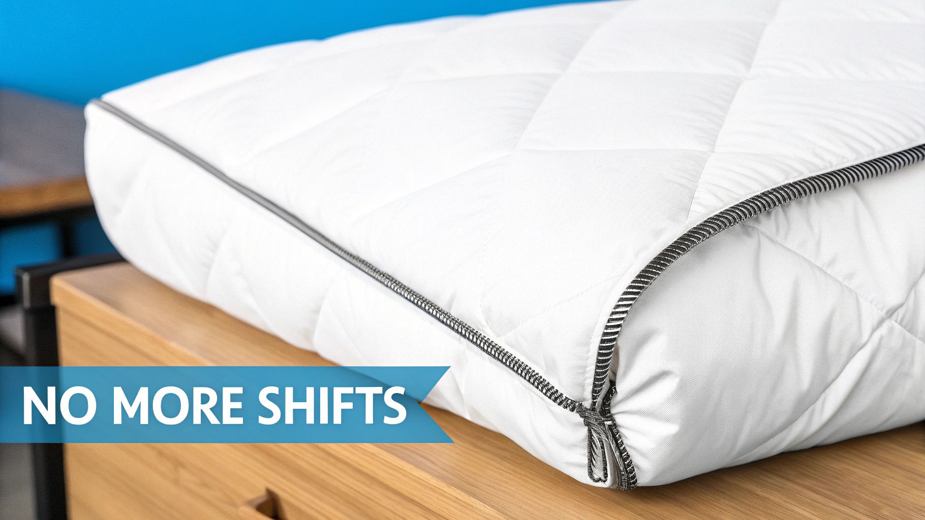 Close-up of white quilted bedding featuring a black and white striped zipper, highlighting a non-shift design.