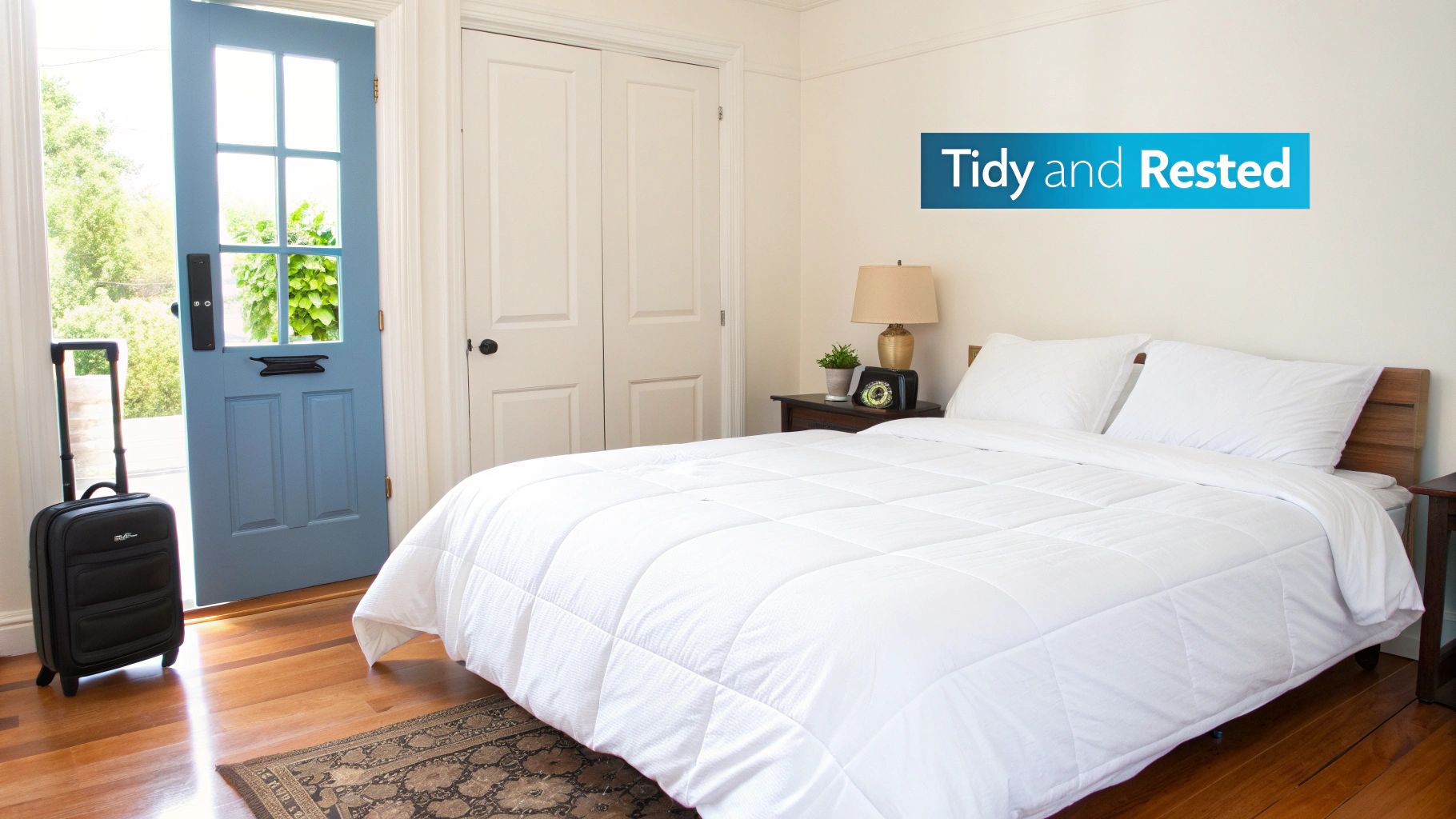 A pristine bedroom features a bed with white linens, an open blue door, and a black suitcase.