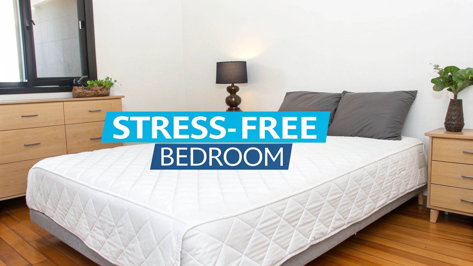 A minimalist and bright bedroom featuring a bed with a white quilted mattress and gray pillows, wooden furniture, and the text 'STRESS-FREE BEDROOM'.