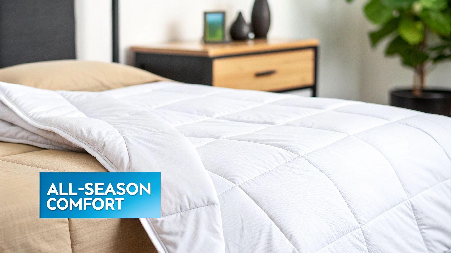 A white quilted all-season comforter and beige pillow on a bed, with text 'ALL-SEASON COMFORT'.
