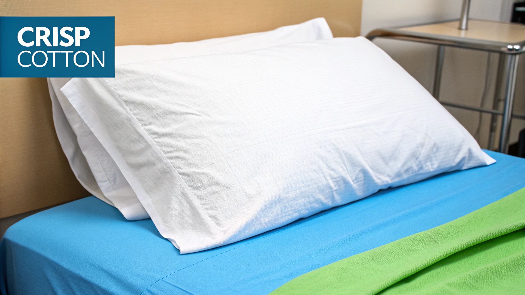 A bed featuring crisp white cotton pillows, a bright blue sheet, and a folded green blanket.