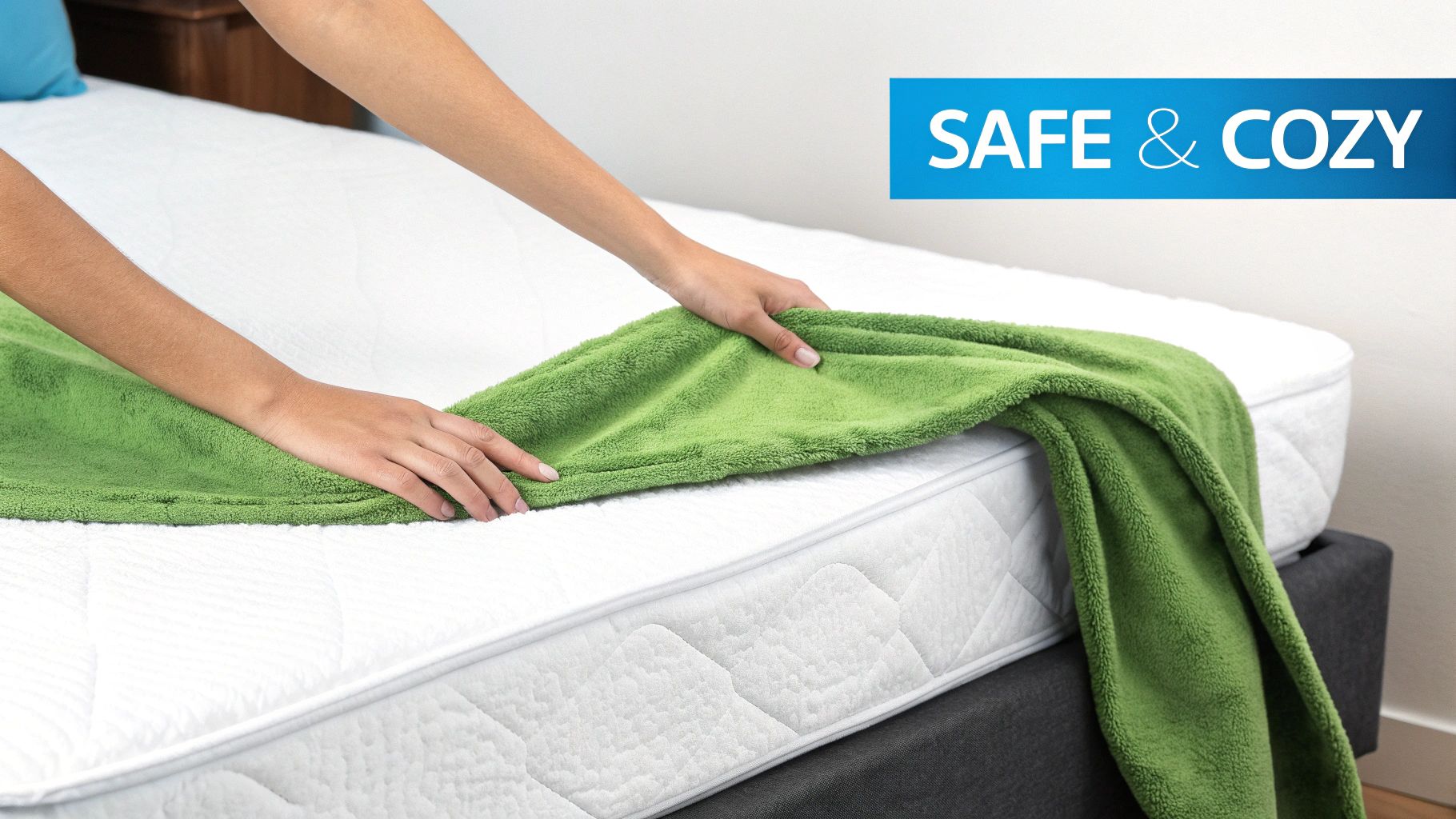 A person's hands smoothly spread a soft green blanket onto a white, quilted mattress.