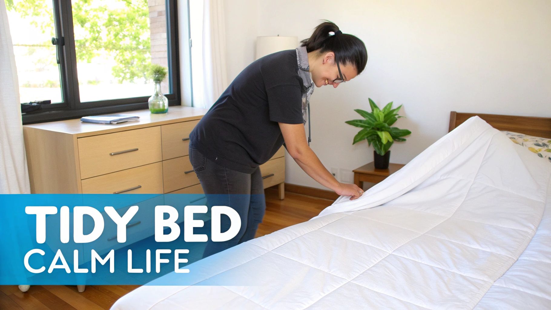A woman in a black shirt smiles while making her bed, adjusting a white comforter in a bright bedroom.