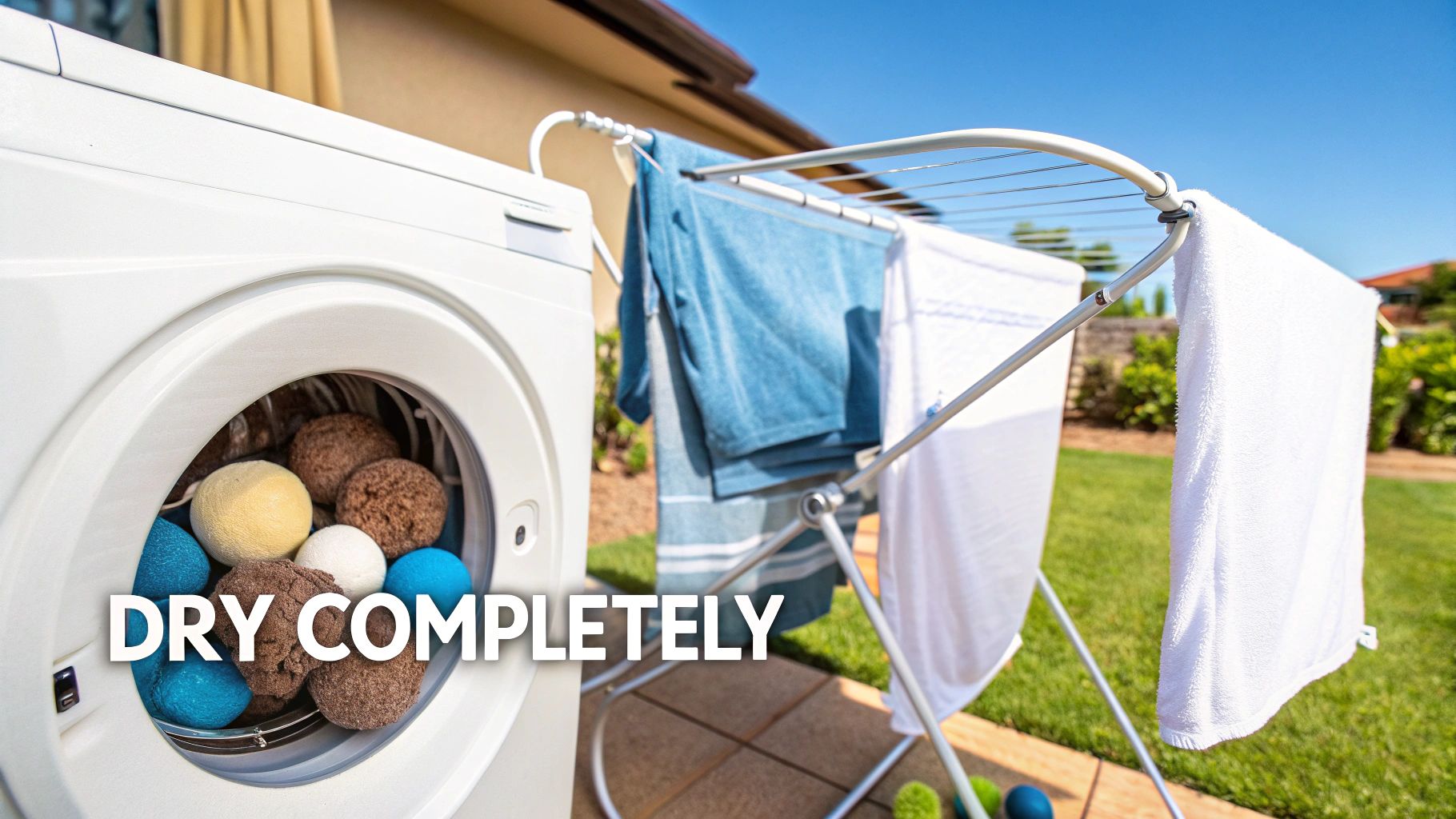 Dryer balls inside a laundry machine, with clothes hanging on an outdoor drying rack under a blue sky.