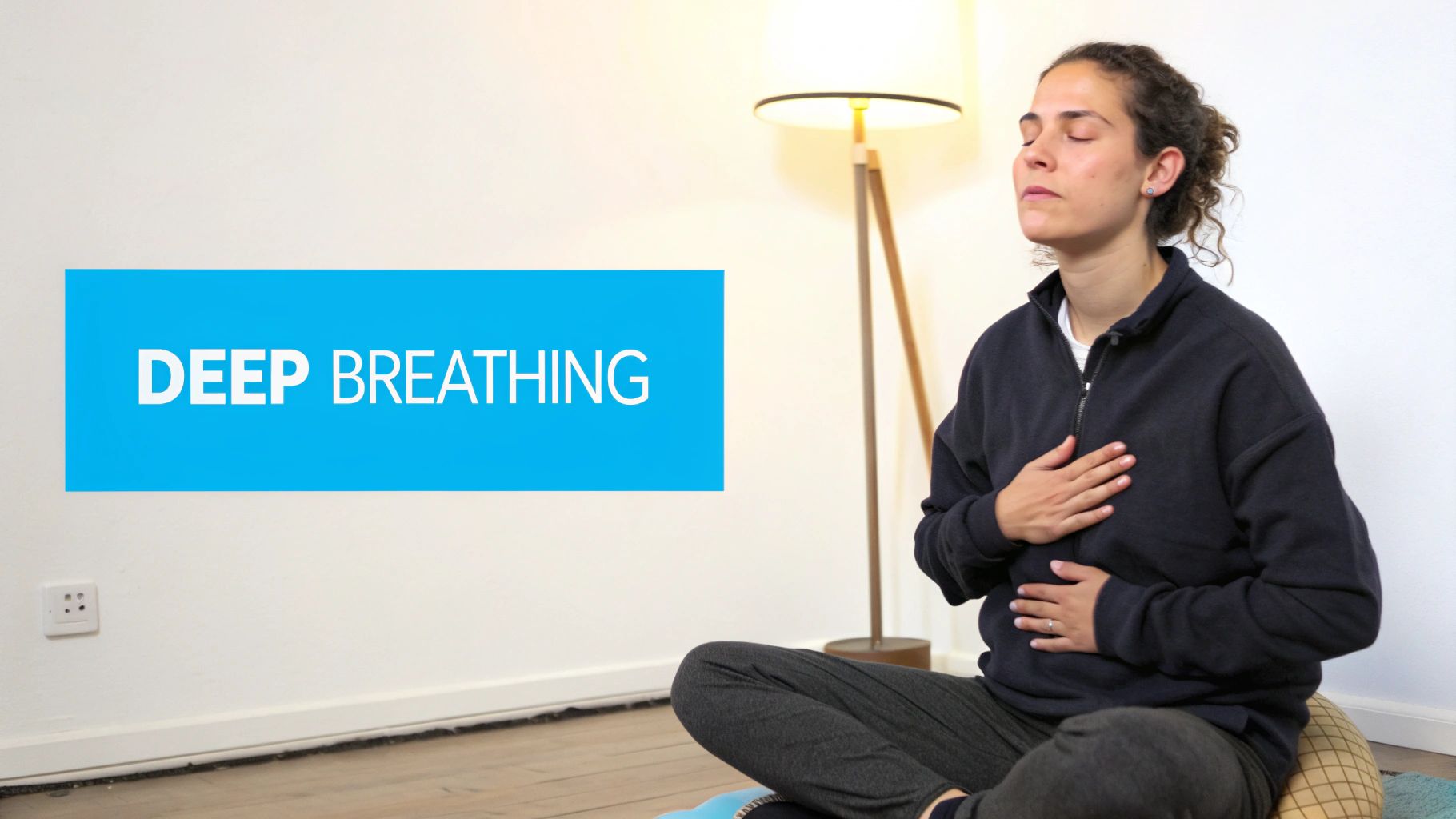 A woman practices deep breathing with closed eyes, hands on chest and stomach.