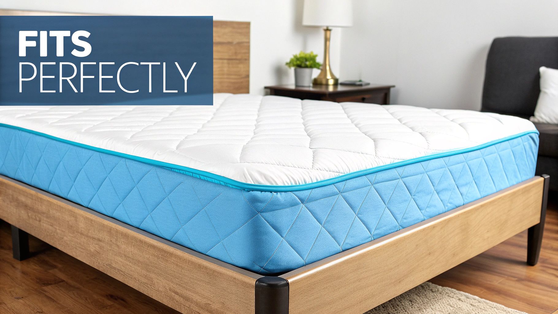 A perfectly fitted white mattress topper with blue quilted sides on a wooden bed frame in a bright bedroom.
