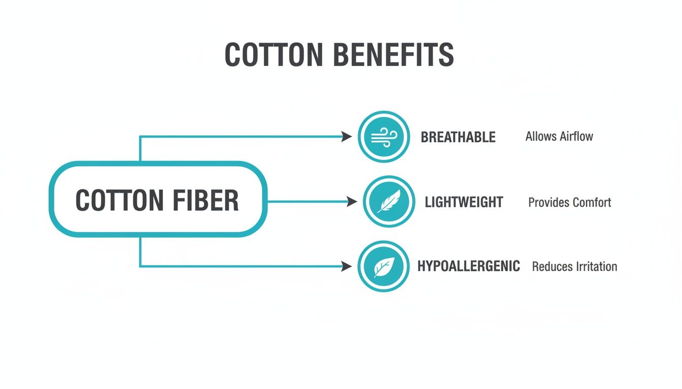 Infographic detailing cotton fiber benefits: breathable for airflow, lightweight for comfort, and hypoallergenic to reduce irritation.